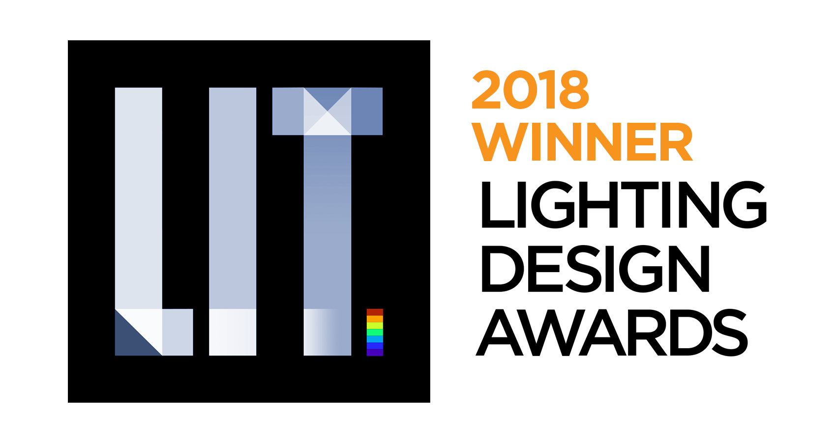 Logo for the 2018 Lighting Design Awards featuring three stylized vertical light beams in shades of blue on a black background, with a small rainbow-colored bar at the bottom, alongside the text "2018 Winner Lighting Design Awards" in orange and black.