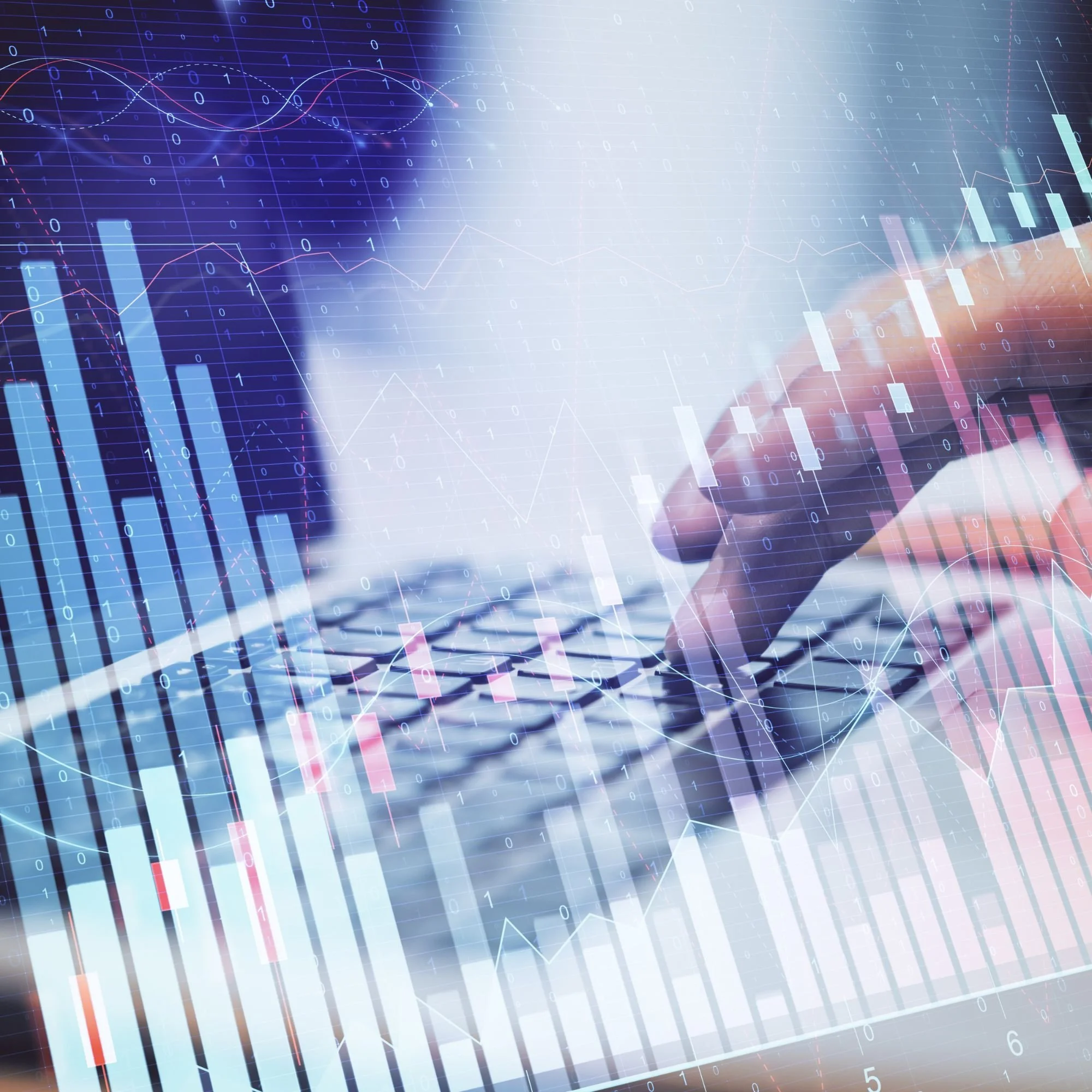Digital financial data visualization with various stock and trading charts, line graphs, bar charts, and numerical data overlayed on a dark background.