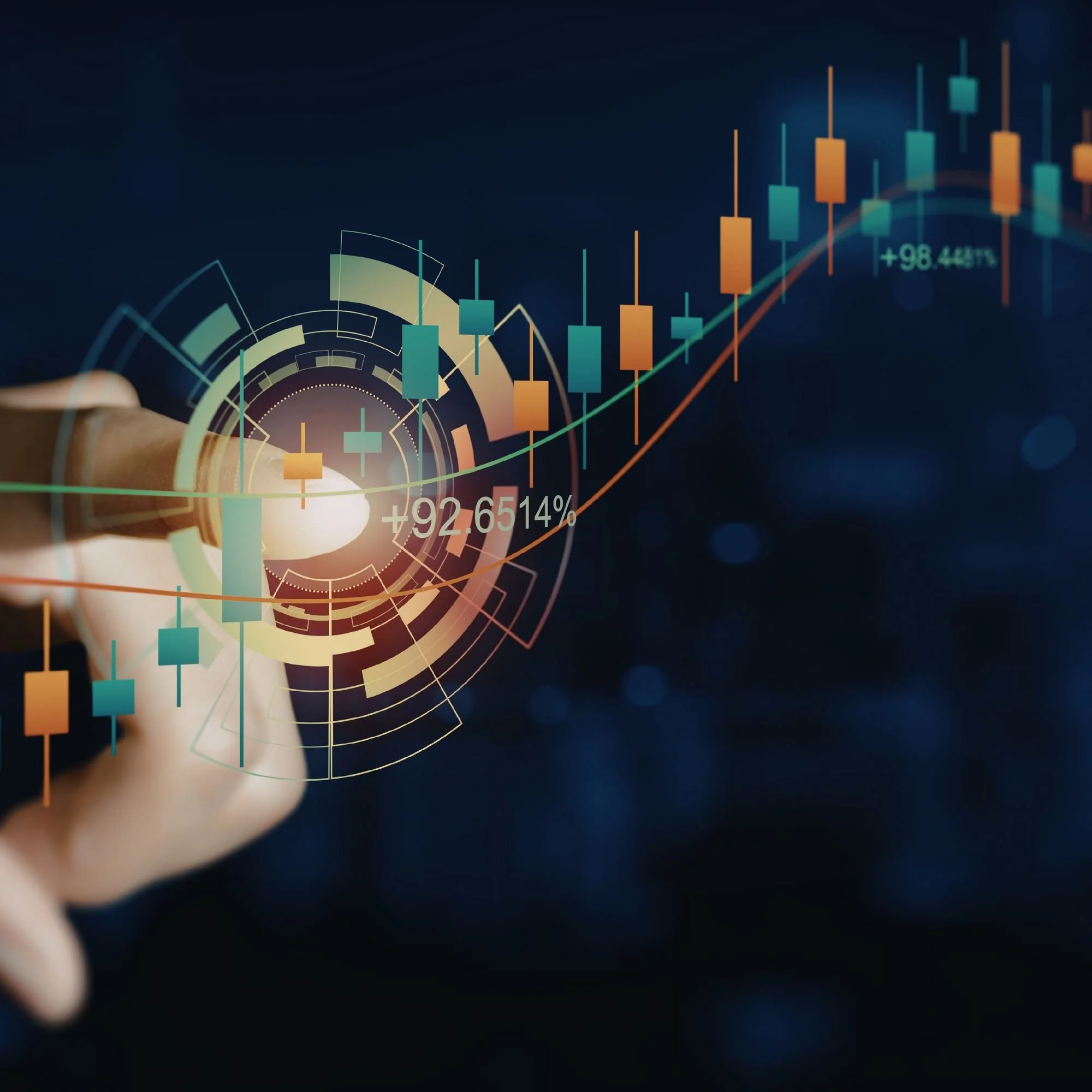 Close-up of a person's hand interacting with a digital stock market chart showing green and orange candlesticks, line graphs, and statistics on a dark background.
