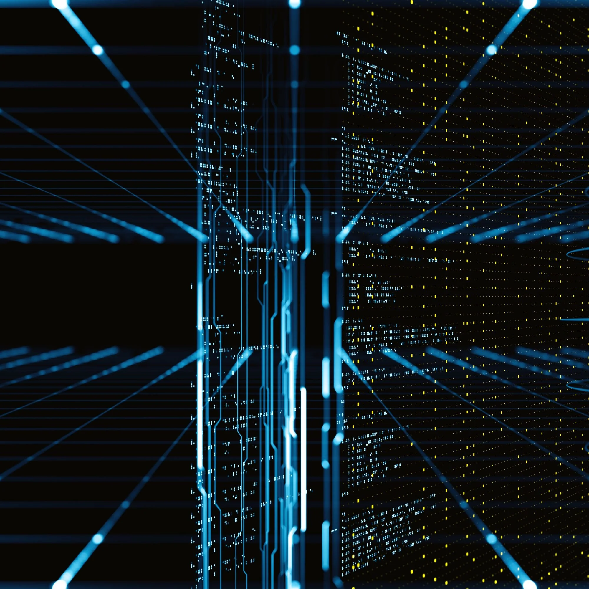 A digital visualization of interconnected glowing lines, dots, and data points in shades of blue and yellow, resembling a futuristic data network or circuit board.
