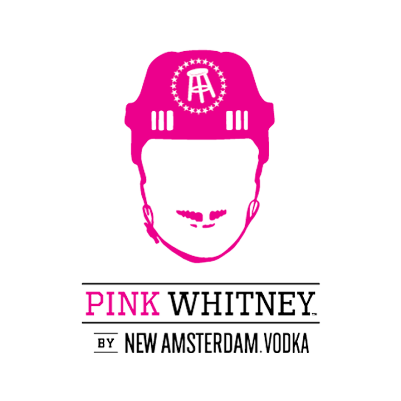 Logo featuring a pink helmet with a stylized figure and stars, and the text 'PINK WHITNEY BY NEW AMSTERDAM VODKA' below.