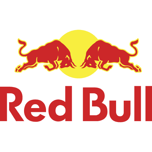 The Red Bull logo features two red bulls facing each other with a yellow sun in the background and the text 'Red Bull' below.