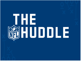 Logo for The NFL Huddle with the NFL shield and text on a blue background.