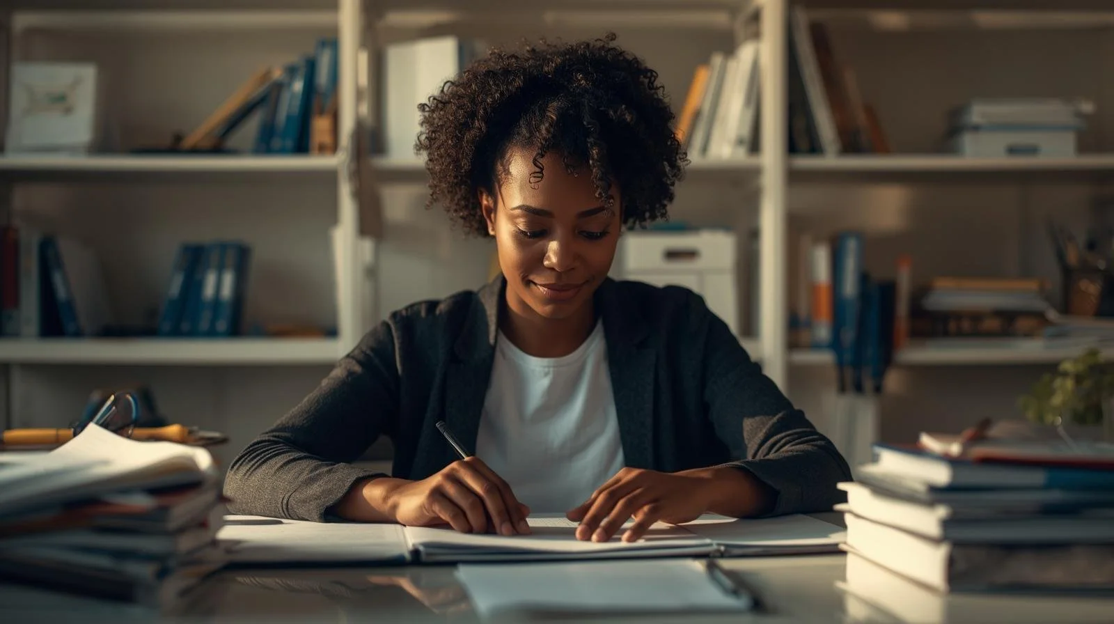 Black educator seated at a desk organizing materials calmly, clean workspace, soft warm lighting.