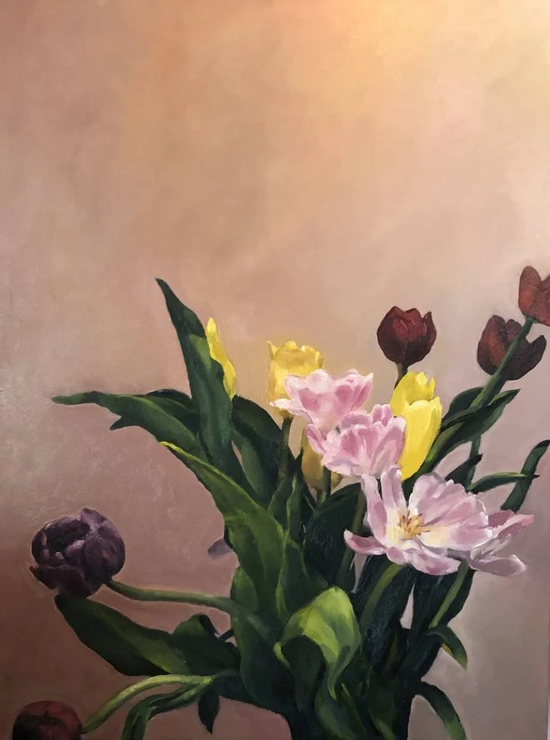 Tulips blooming in a vase indoors in early Spring.