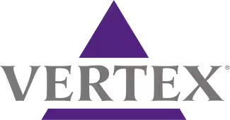 Vertex logo featuring a purple triangle above the word 'VERTEX' in gray uppercase letters.