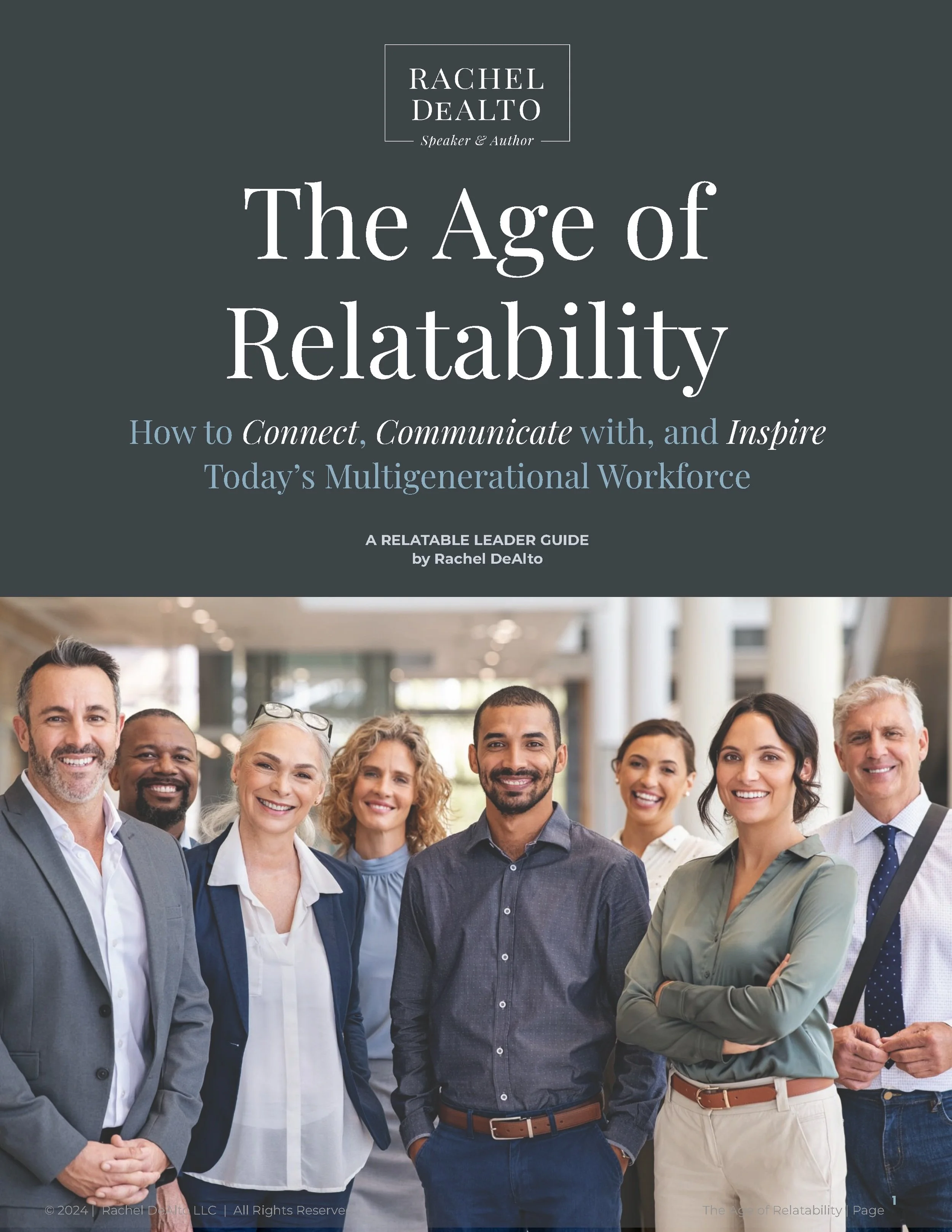 Cover of a book titled 'The Age of Relatability' by Rachel DeAlto, featuring a diverse group of smiling professionals standing together in a modern office environment.