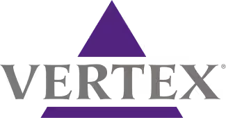Vertex logo featuring a purple triangle above the word 'VERTEX' in gray uppercase letters.