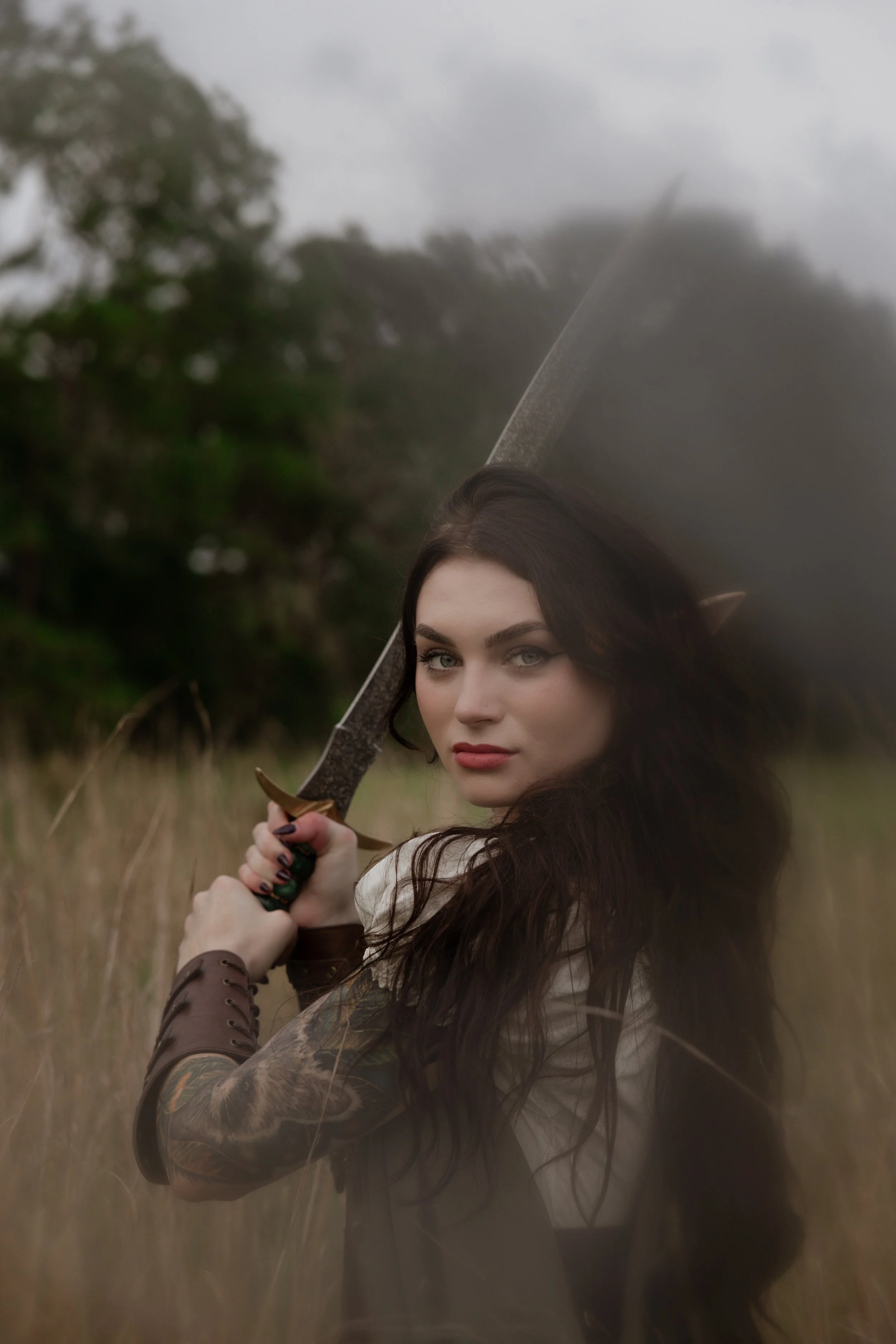 A woman with long dark hair and pointed elf-like ear holding a sword outdoors in a field with tall grass and trees, overcast sky.