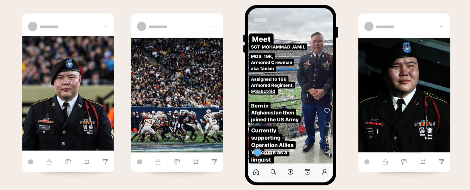 A collage of four smartphone screens displaying different images and profiles related to a military service member named SGT Mohammad Jamil. The first and fourth screens show photos of Jamil in uniform. The second screen displays an American football game. The third screen features a profile with personal details and a photo of Jamil in uniform standing with arms crossed at a stadium.