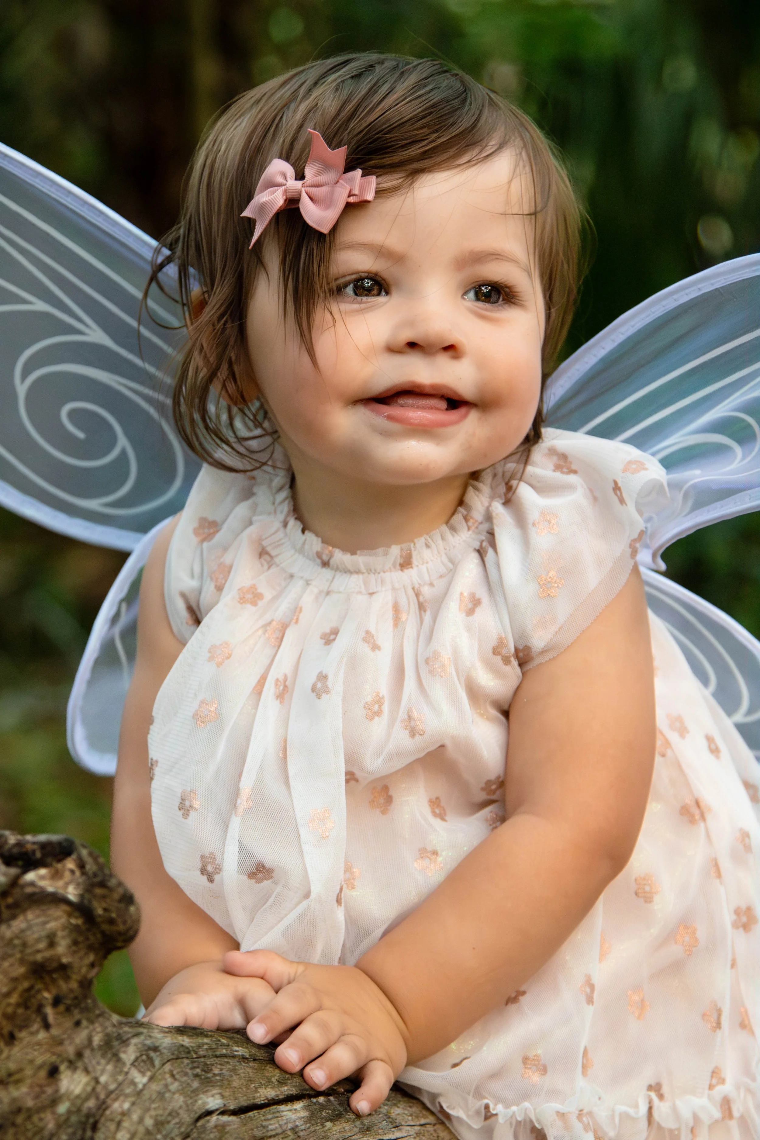 A young girl with brown hair and fairy wings wearing a cream and pink floral dress, outdoors with a blurred green background.