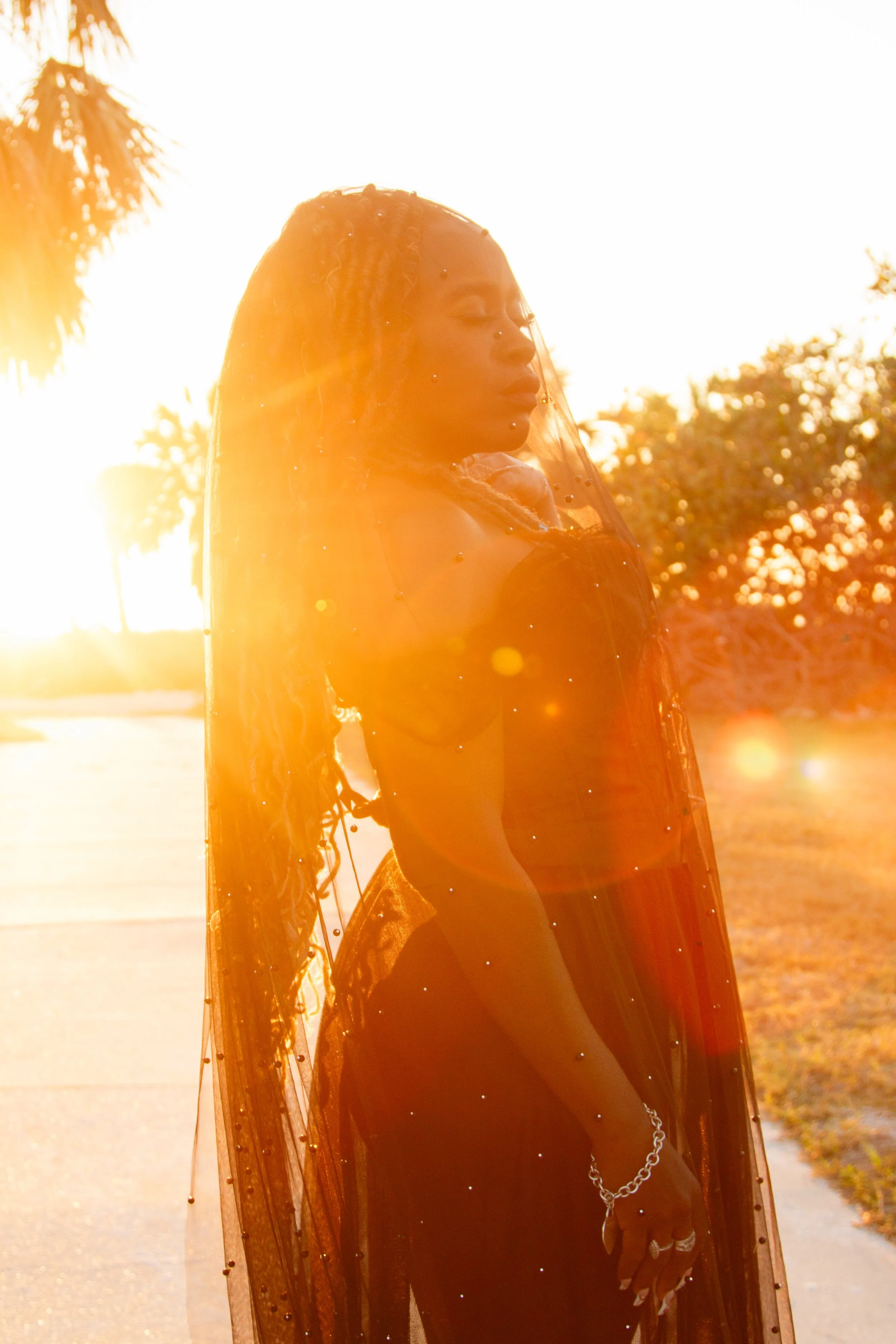 A woman with braided hair wearing a black outfit and a sheer black veil with beads stands in front of a bright sunset, with trees in the background.