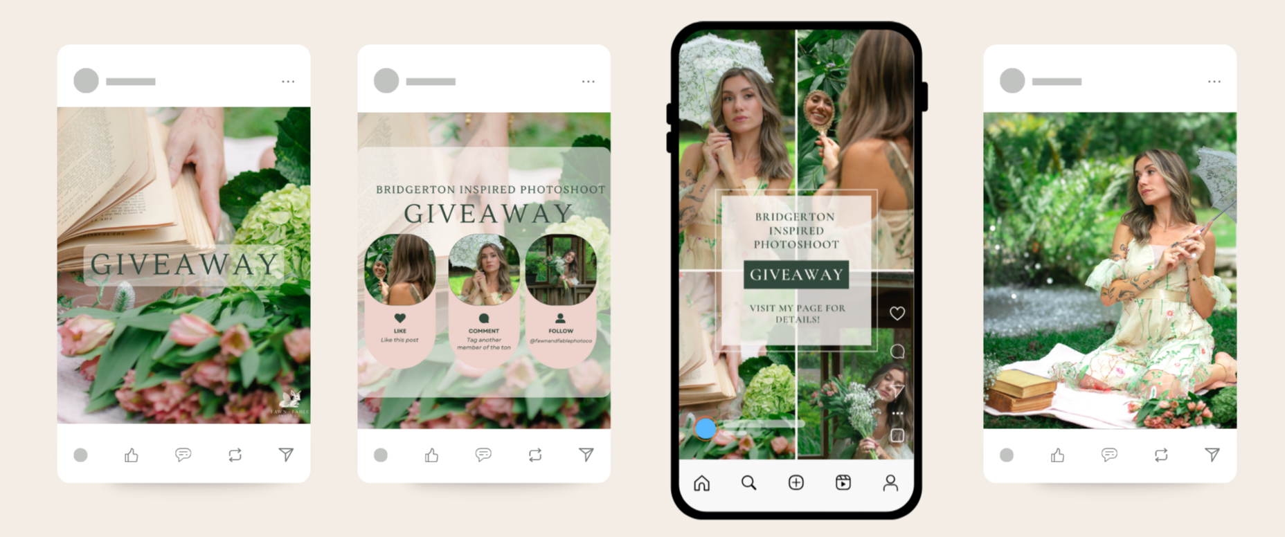 Screenshots of social media posts promoting a Bridgeton-inspired photoshoot giveaway, featuring a woman with tattoos holding an umbrella outdoors with greenery and flowers.