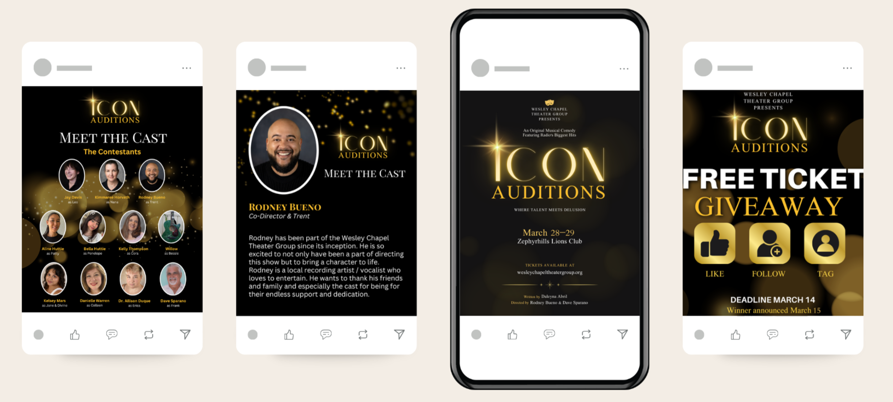 Screenshots of promotional posts for ICON Auditions, a theatrical event. The first post introduces the cast with photos and names of participants. The second post features a profile of Rodney Bueno, a co-director and Trenton, with a brief biography. The third post provides event details, including dates and location, with a dark background and gold accents. The fourth post promotes a free ticket giveaway, indicating a deadline and winner announcement date, with icons for liking, following, and tagging.