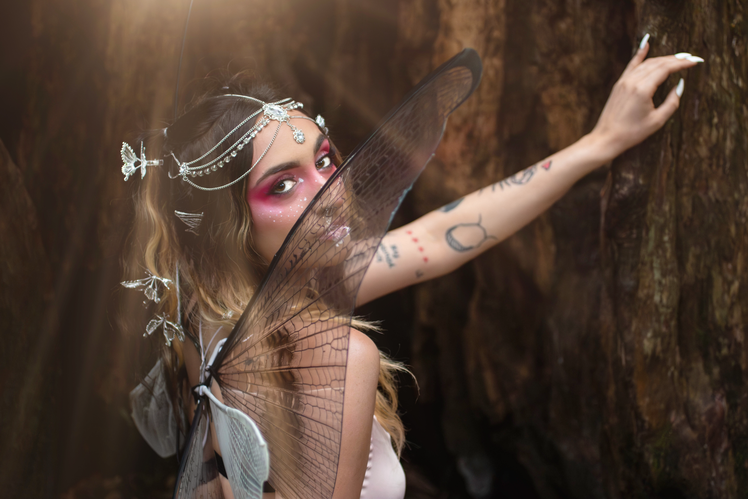Young woman dressed as a fairy with butterfly wings and silver jewelry, leaning against a tree in a forest.