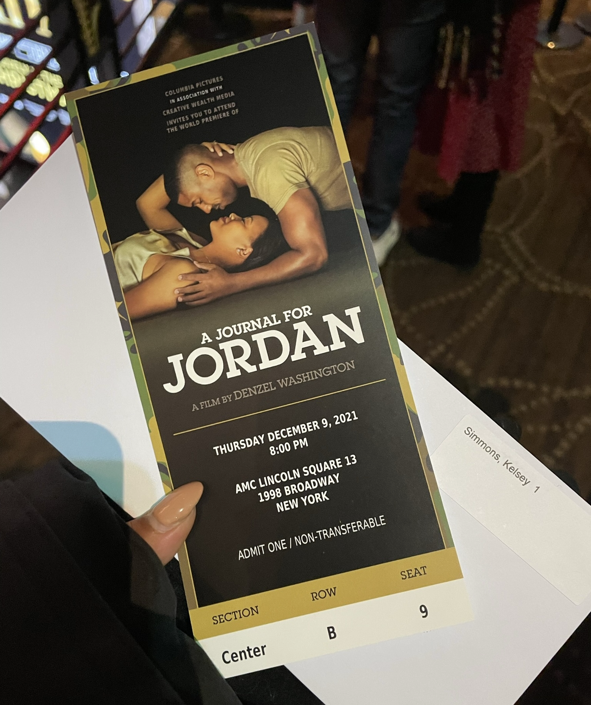 Movie ticket for the film "A Journal for Jordan" by Denzel Washington, scheduled on December 9, 2021, at 8:00 PM at AMC Lincoln Square 13, New York.