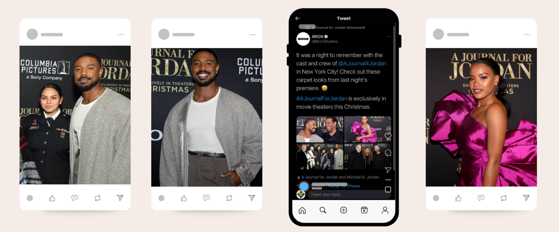 Screenshots of social media posts and a tweet about the movie 'A Journal for Jordan,' showing cast members at promotional events and a tweet with behind-the-scenes photos from the movie premiere.