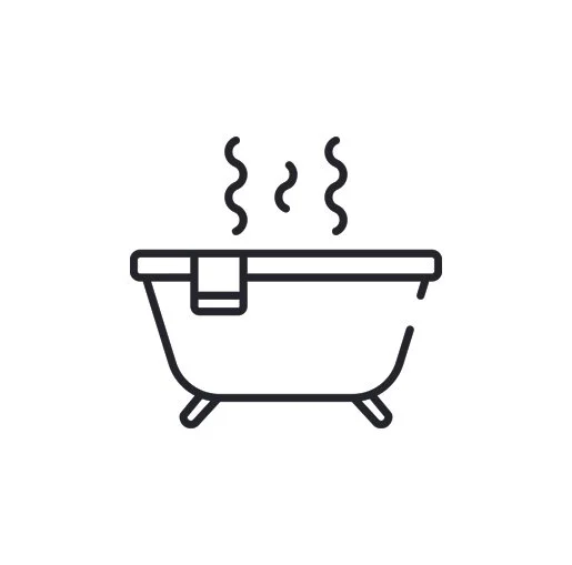 Simple line drawing of a bathtub with steam rising and a towel draped over the side.