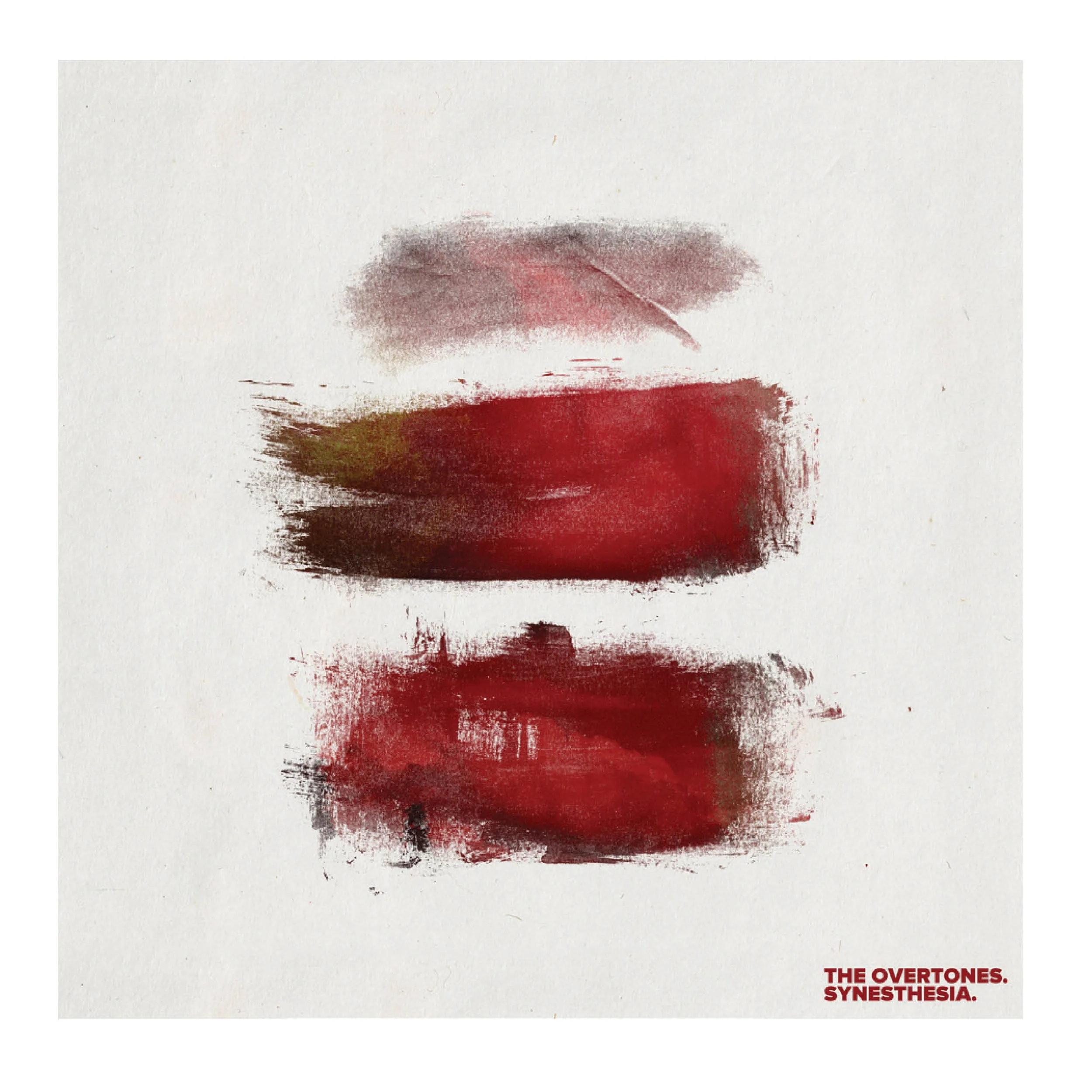 Abstract artwork with red, white, and black splashes, and text in red in the bottom right corner that reads 'The Overtones. Synesthesia.'.