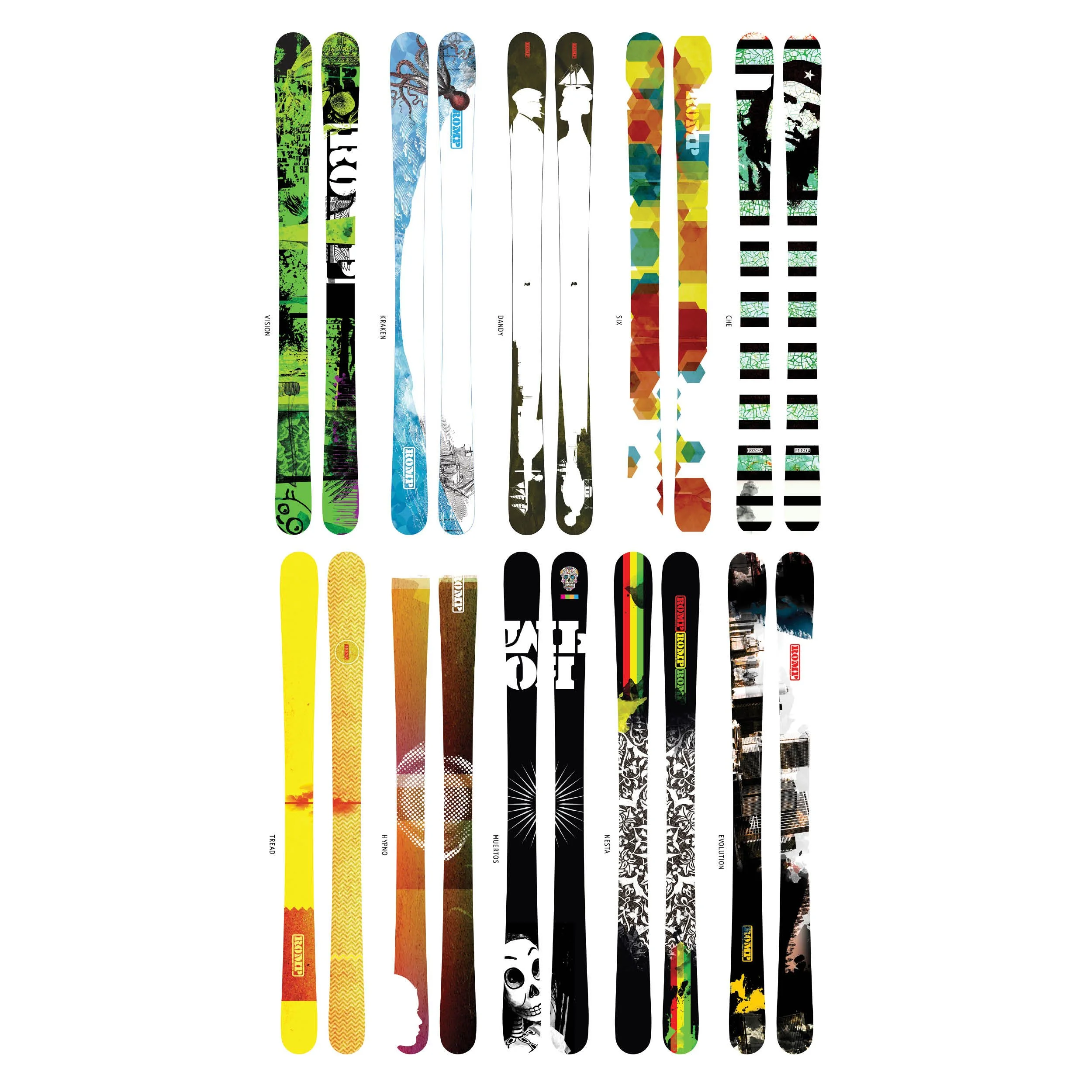 Collection of colorful skateboard decks with various designs and themes.