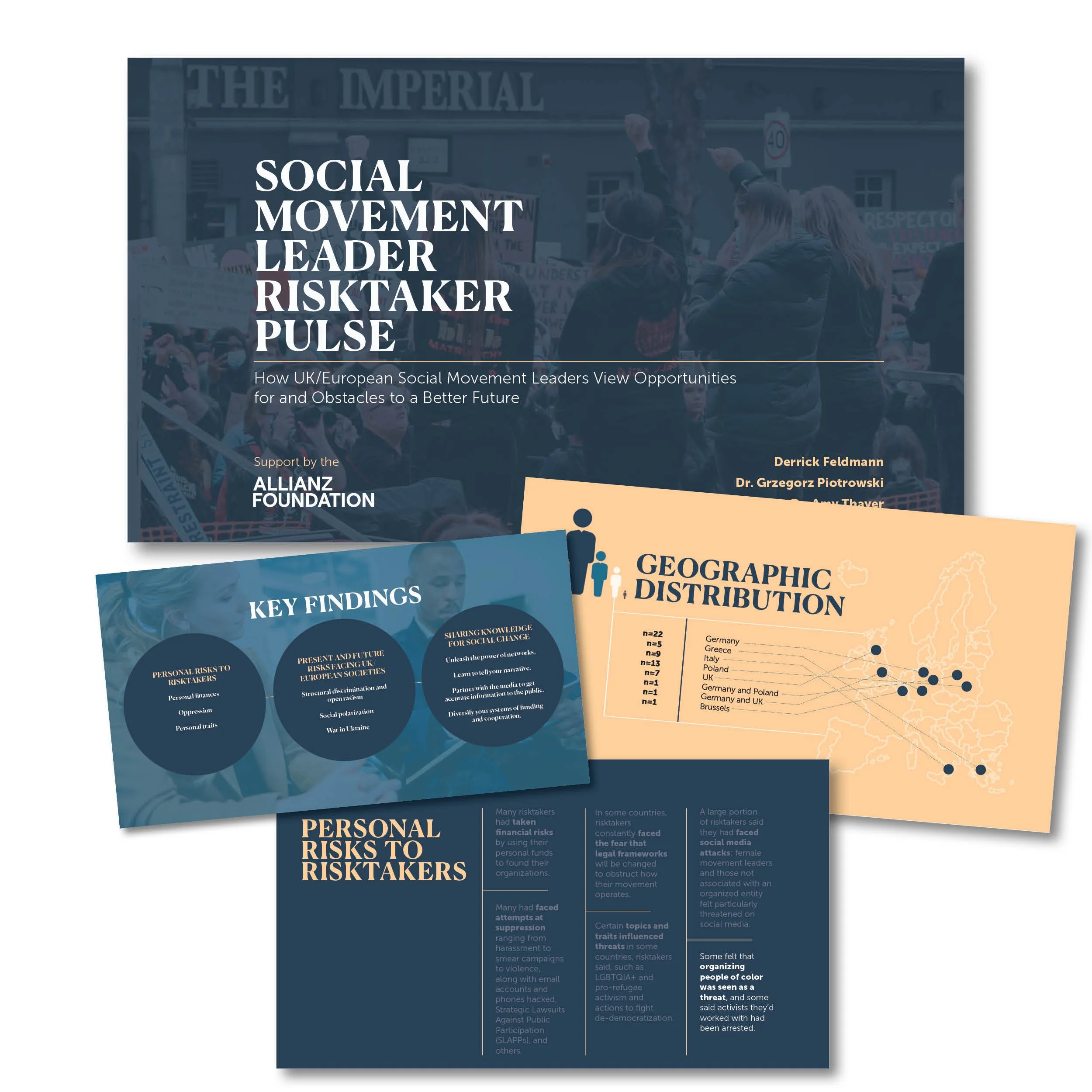 A collage of three posters or infographics on social and personal risks for risk-takers, with a background image of a protest or demonstration showing people holding signs.
