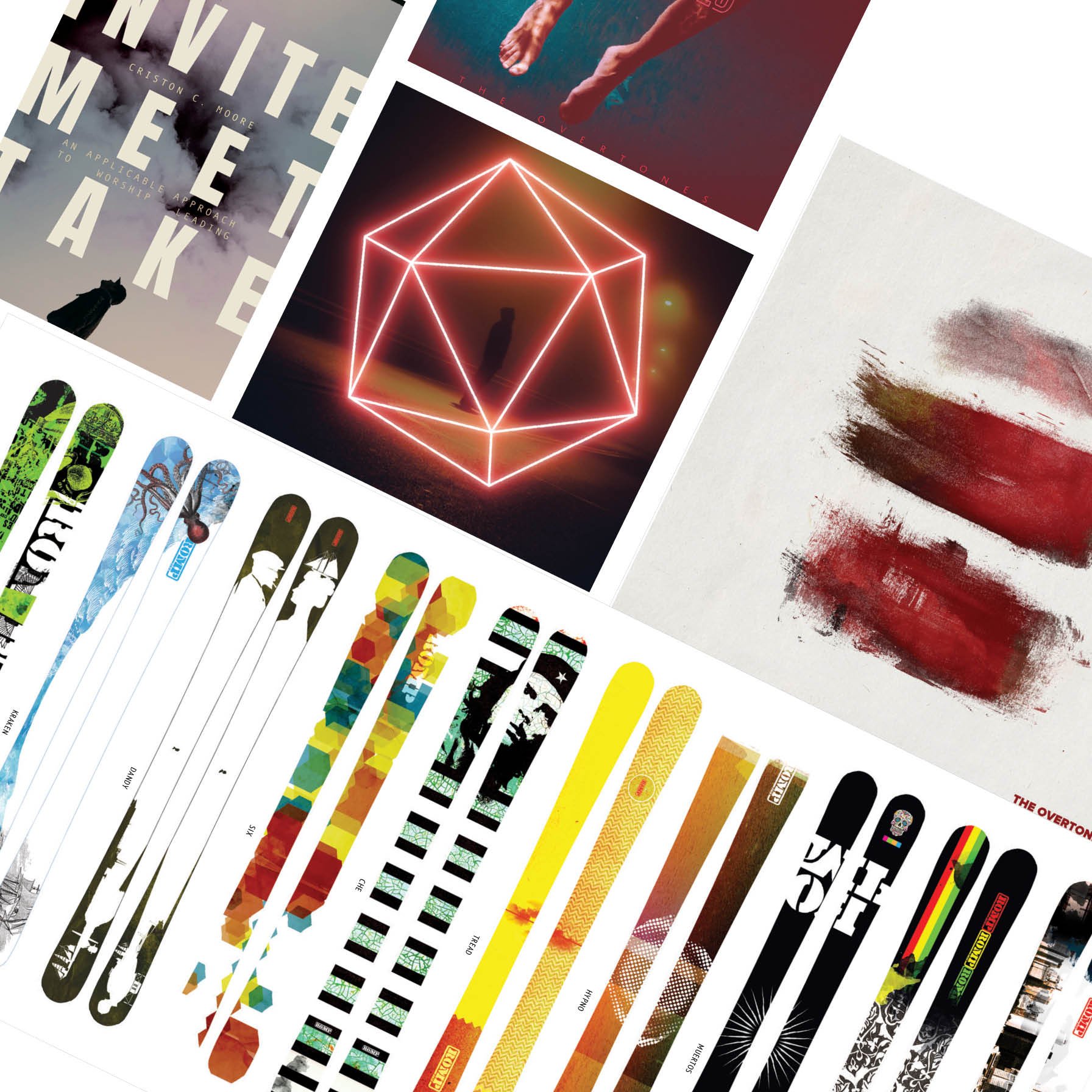 Multiple skateboard decks with various colorful designs arranged in a collage style.