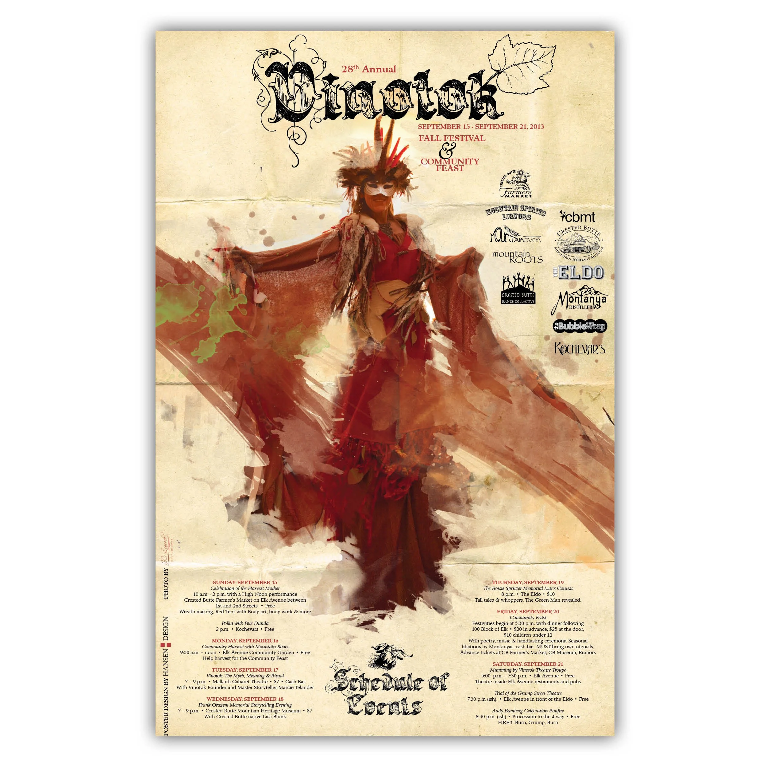 Event poster for the 'Celebration of the Elders' fall festival. The poster features a person in costume with feathers and a mask, standing against a textured beige background with leaf designs. The event lists multiple dates with activities and perfo