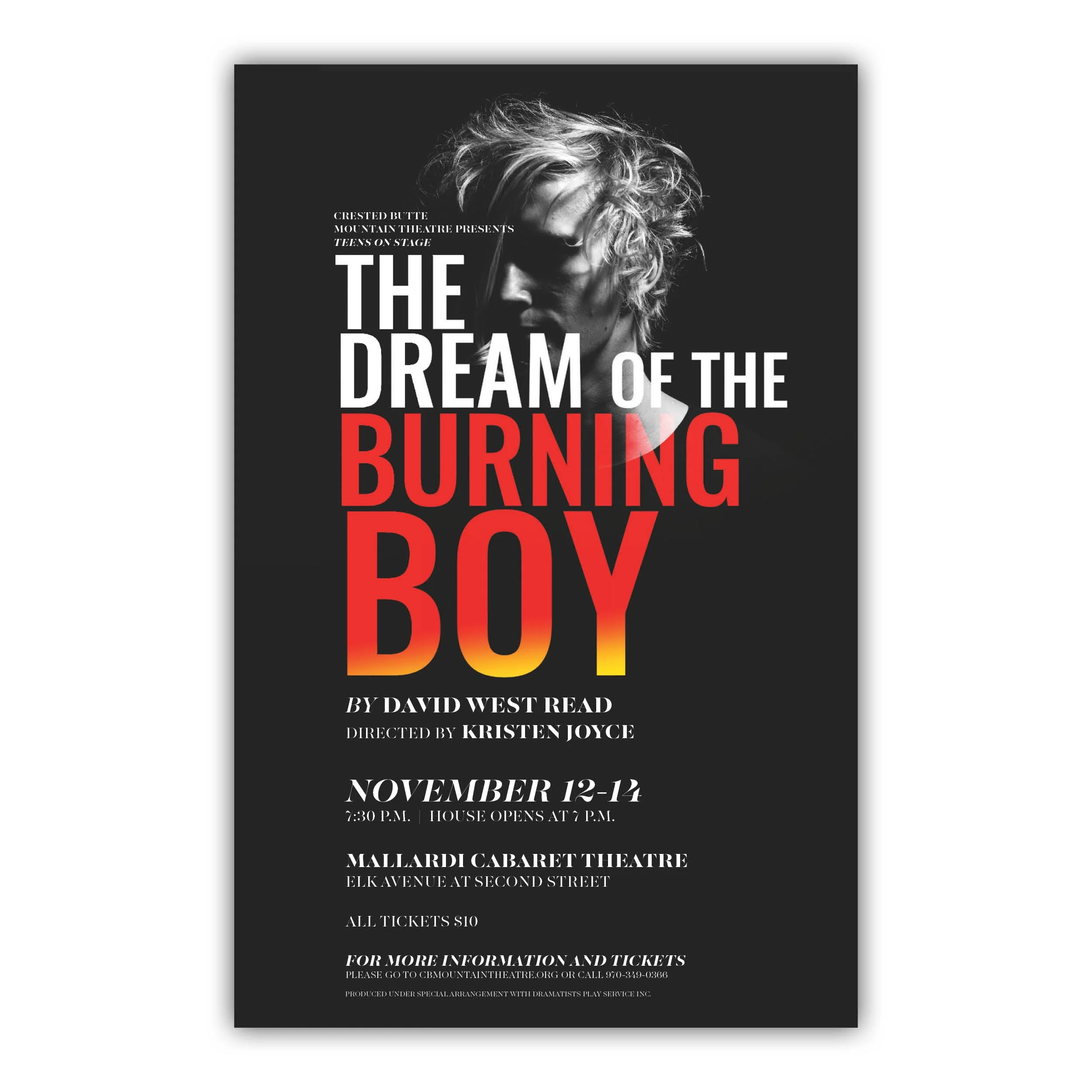 Black and white promotional poster featuring a close-up of a curly-haired individual, with text announcing a theatrical event, including details about dates, venue, and ticket information.