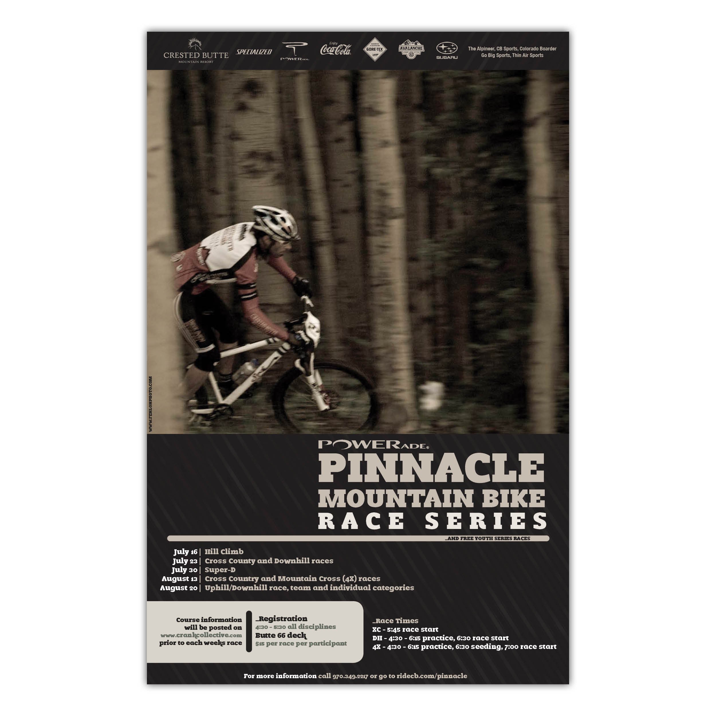 Poster advertising the Pinnacle Mountain Bike Race Series, featuring logos of sponsors at the top, an image of a mountain biker riding through a forest, and event details with dates and race categories.