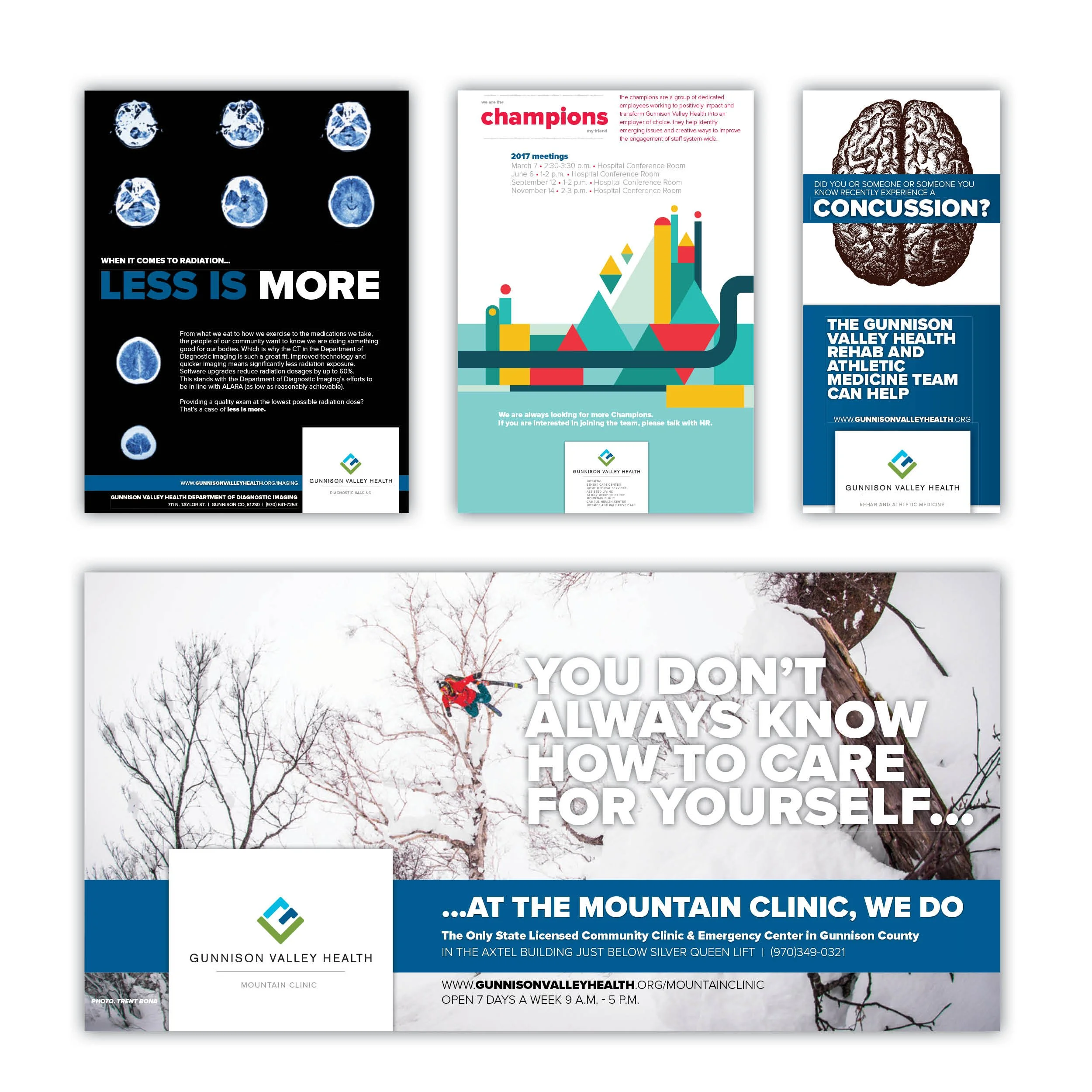Flyers for Gunnison Valley Health, including information about brain imaging, concussion awareness, and mountain clinic services, featuring images of brain scans and a snowy mountain scene with a skier.