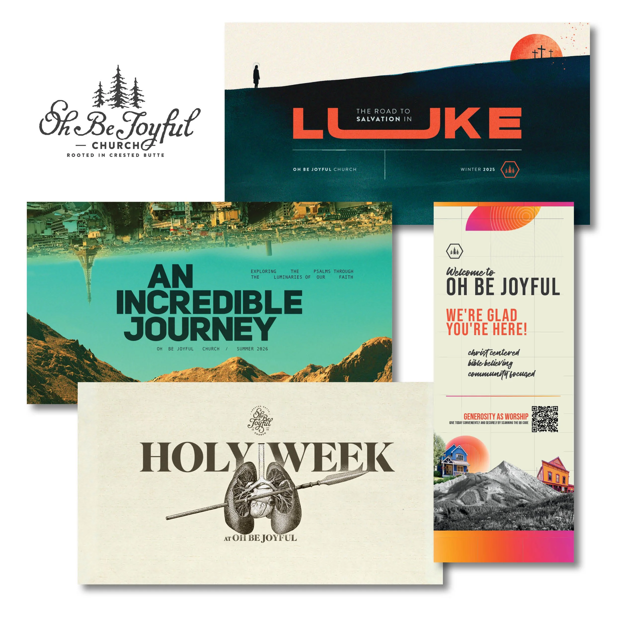 Collage of church and travel-themed posters, including mountains, cityscapes, and community images, with inspirational messages about joy and holidays.