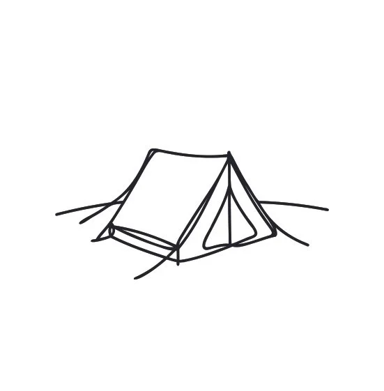 Simple sketch of a tent with stakes and guy lines.