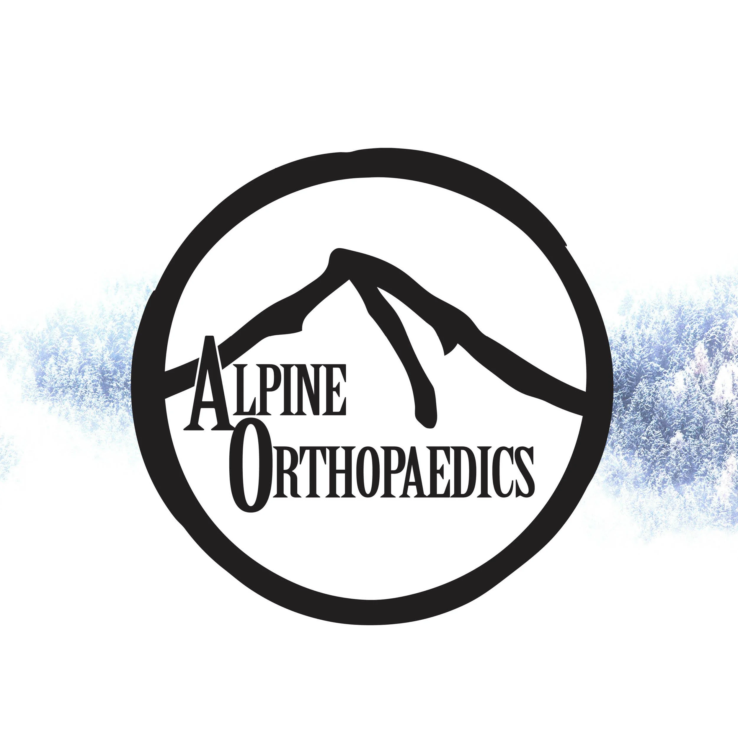 Logo of Alpine Orthopedics with a mountain and hand illustration inside a circle.