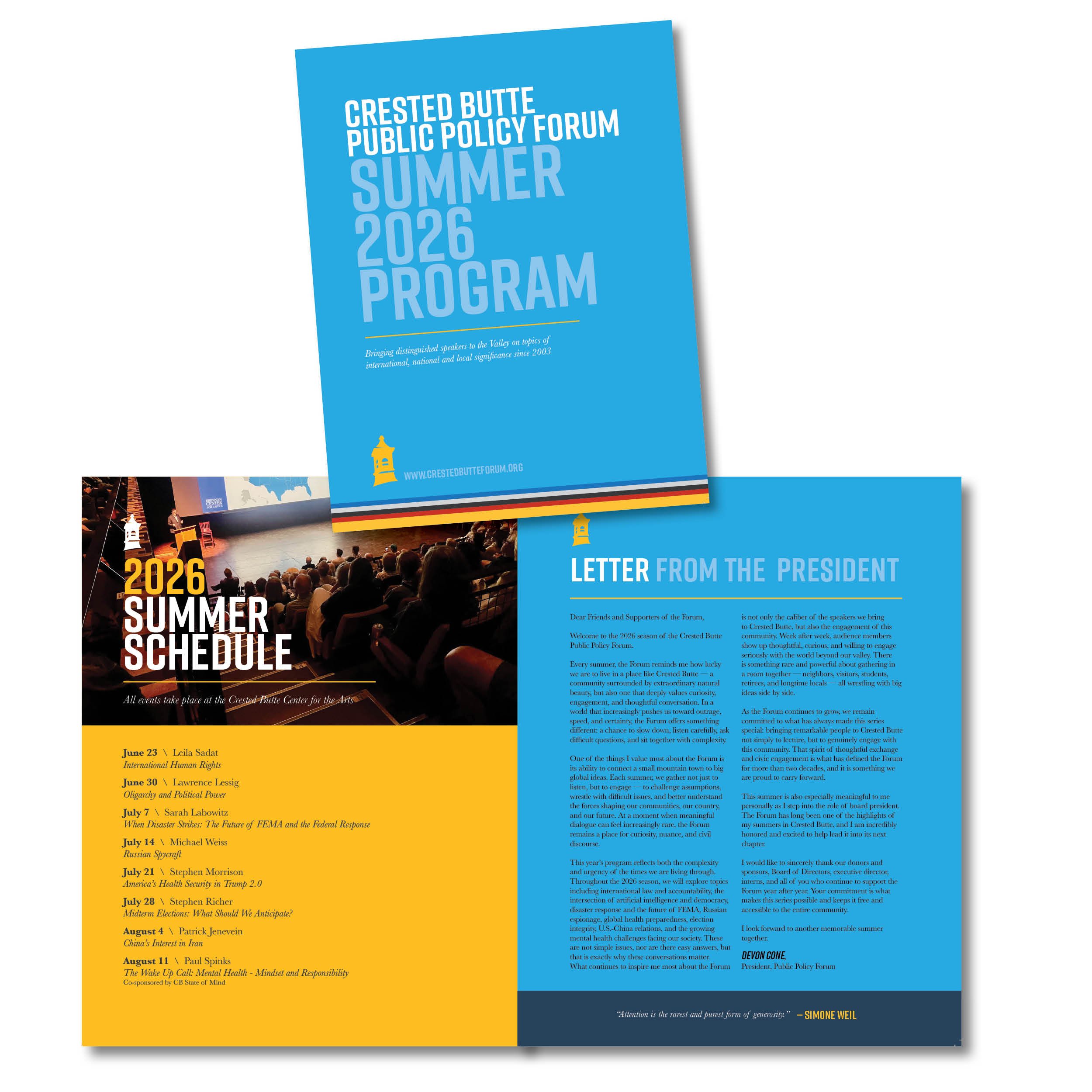 Flyer for the Crested Butte Public Policy Forum Summer 2026 with agenda, speakers, and event details, featuring blue and yellow sections and a photo of an indoor conference event.