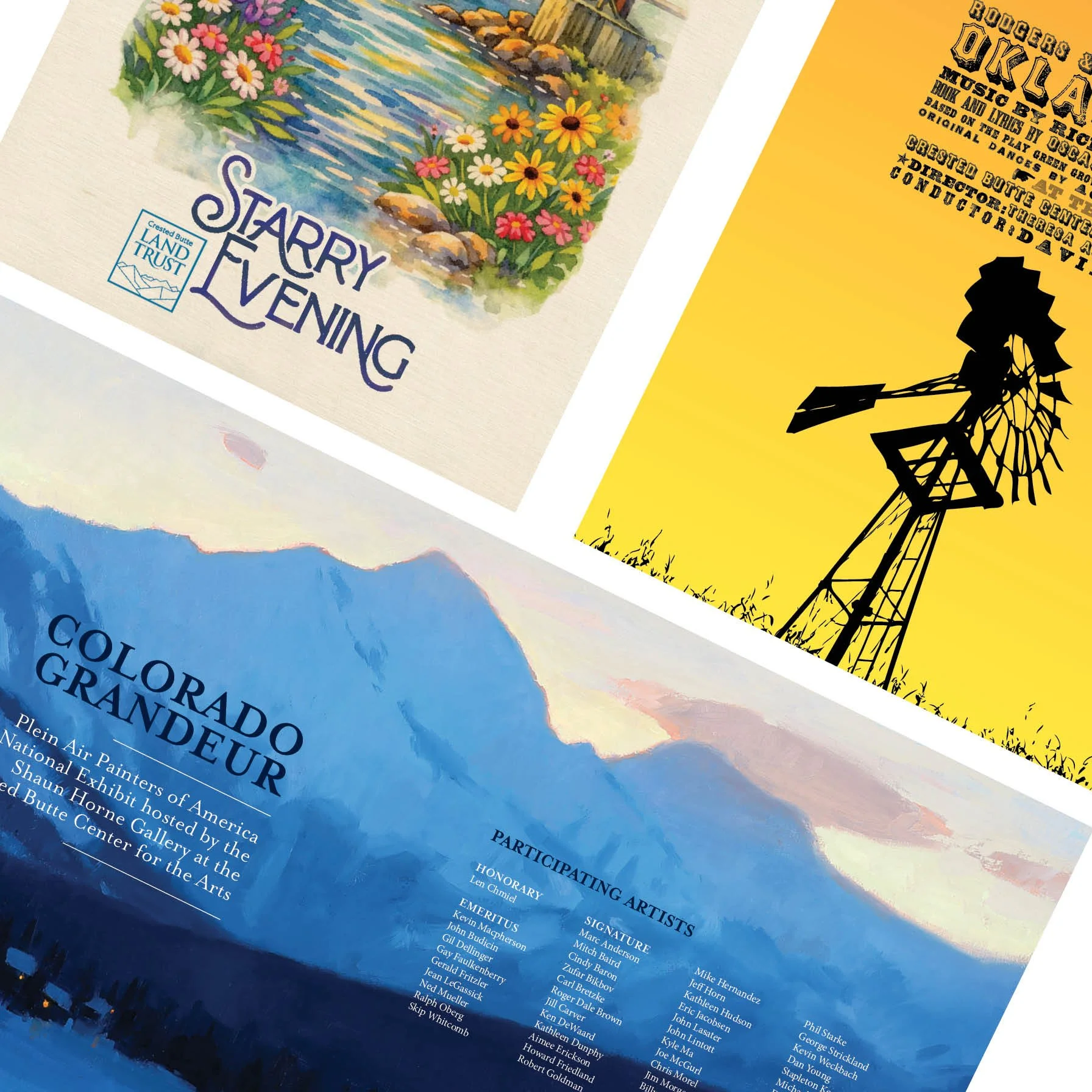 Close-up of a poster or printed page with colorful artwork featuring a waterfront scene with flowers, and text about an art exhibition or event. The text mentions author details and participating artists.
