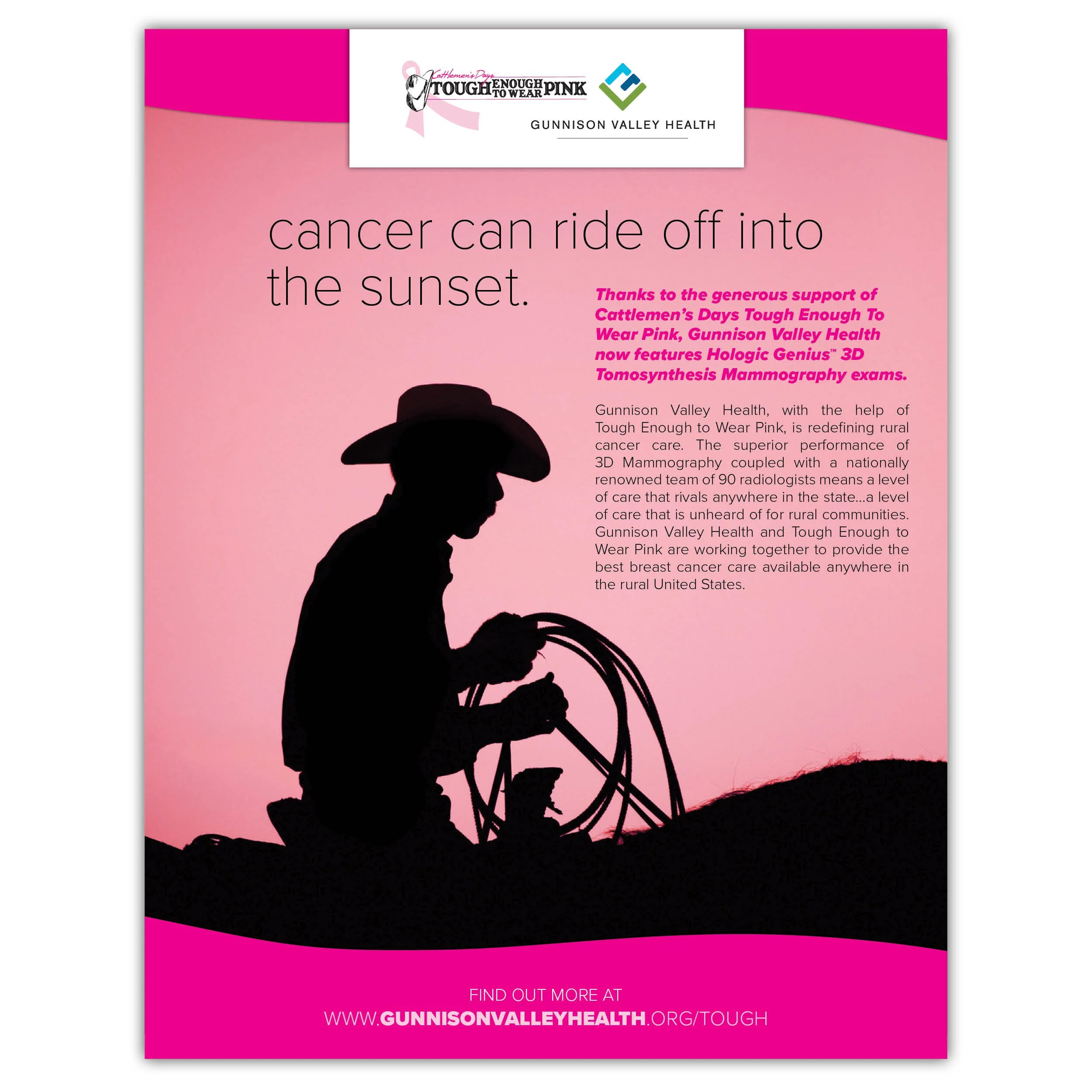 Pink-themed poster promoting a cancer awareness campaign with text indicating 'Cancer can ride off into the sunset' and details about Gunnison Valley Health and their support for mammography exams.