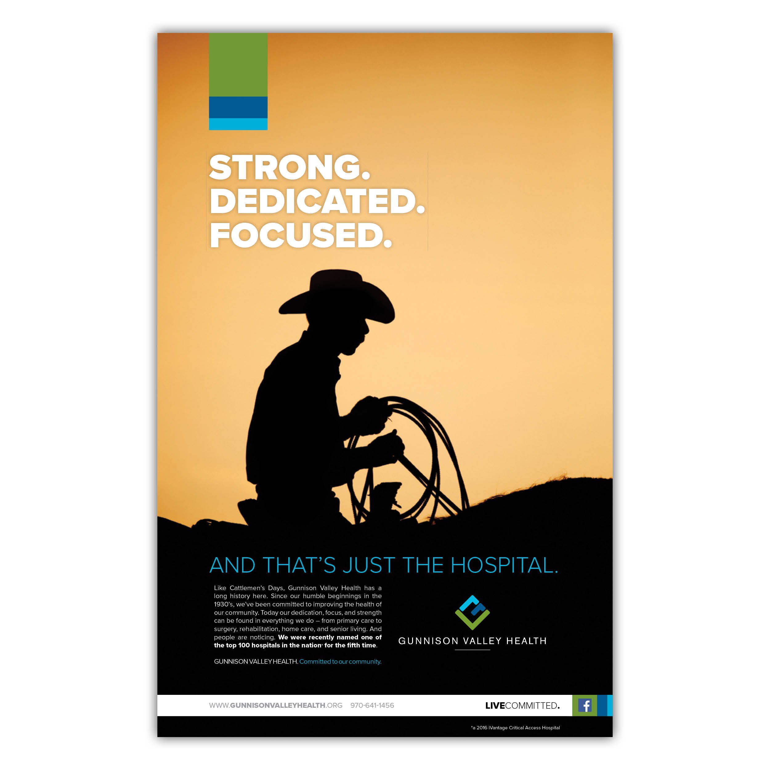 Flyer for Gunnison Valley Health with a sunset background, black silhouette of a person wearing a cowboy hat, and text highlighting hospital achievements and community commitment.