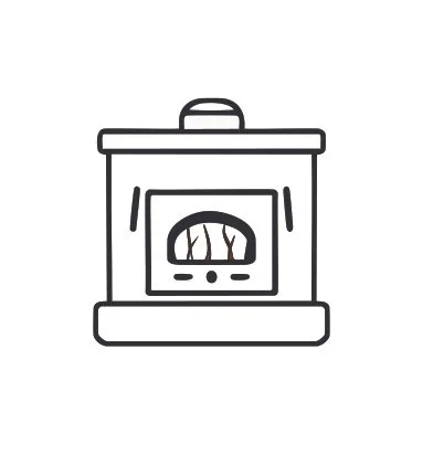 Line drawing of a stove with a teapot on top and a fire inside.