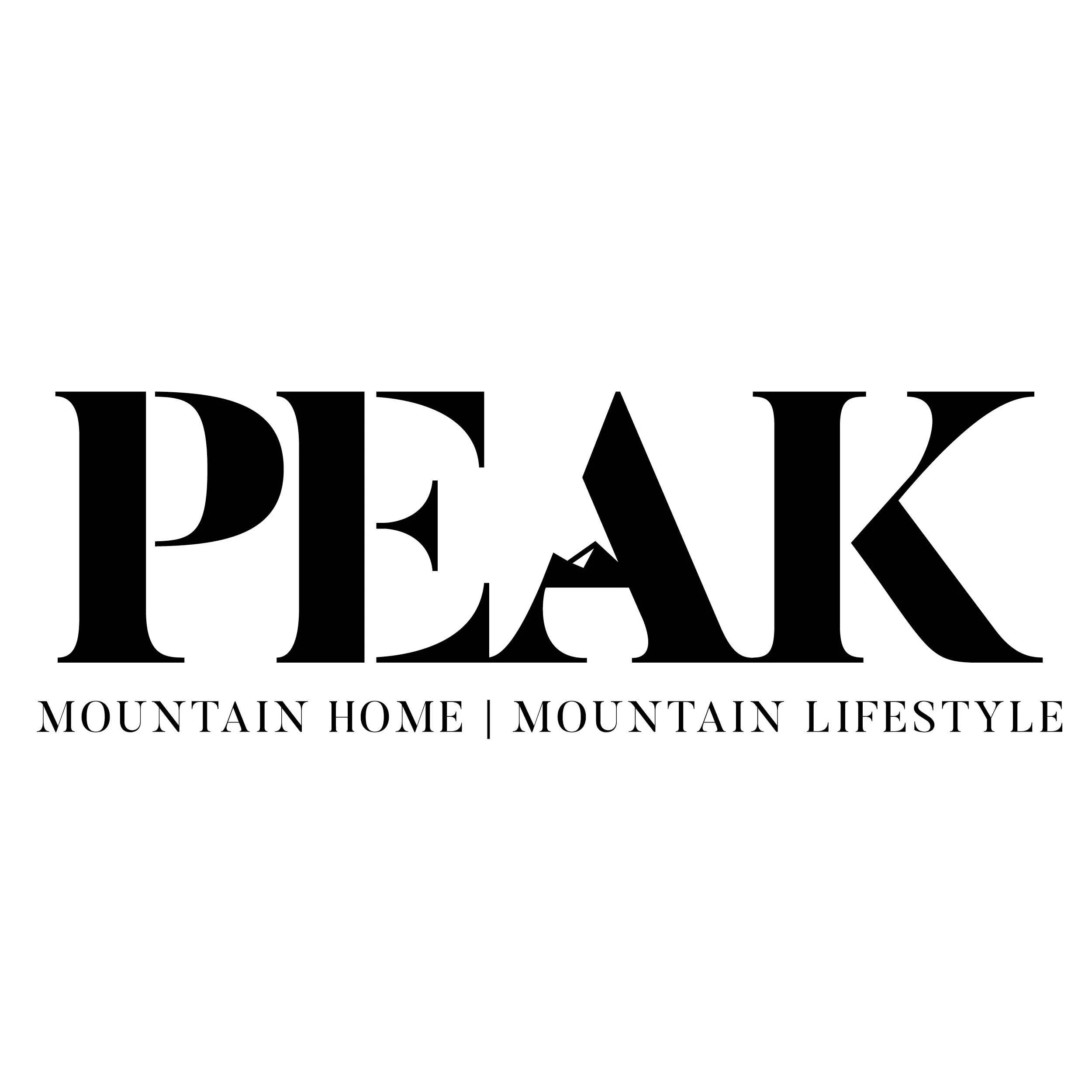 Logo with large black text 'PEAK' and smaller text 'Mountain Home', 'Mountain Lifestyle' underneath.