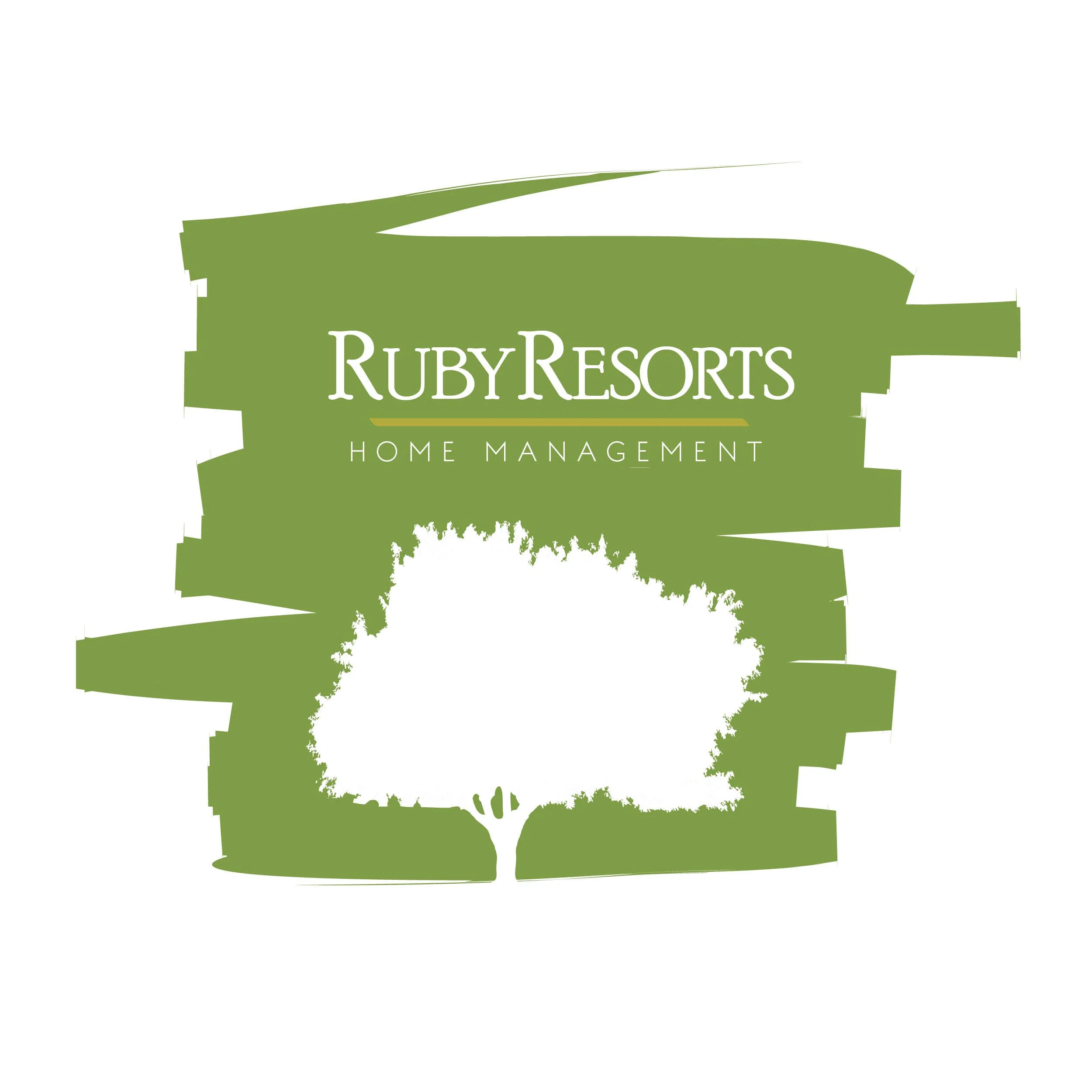 A green logo with the text 'Ruby Resorts Home Management' on a white background, featuring an abstract landscape design.