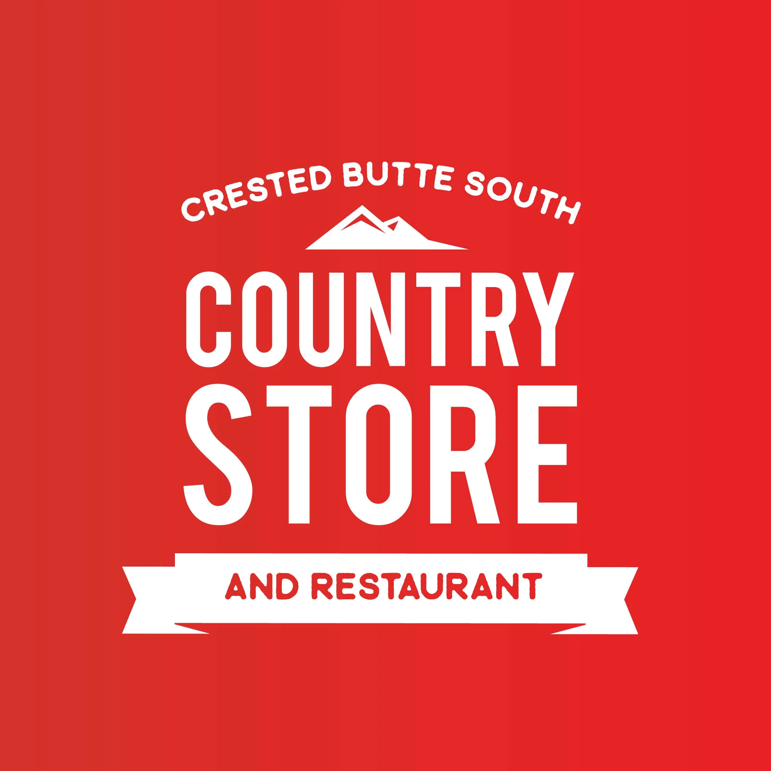 Red background with white text that reads 'Crested Butte South County and Restaurant' and an illustration of a mountain