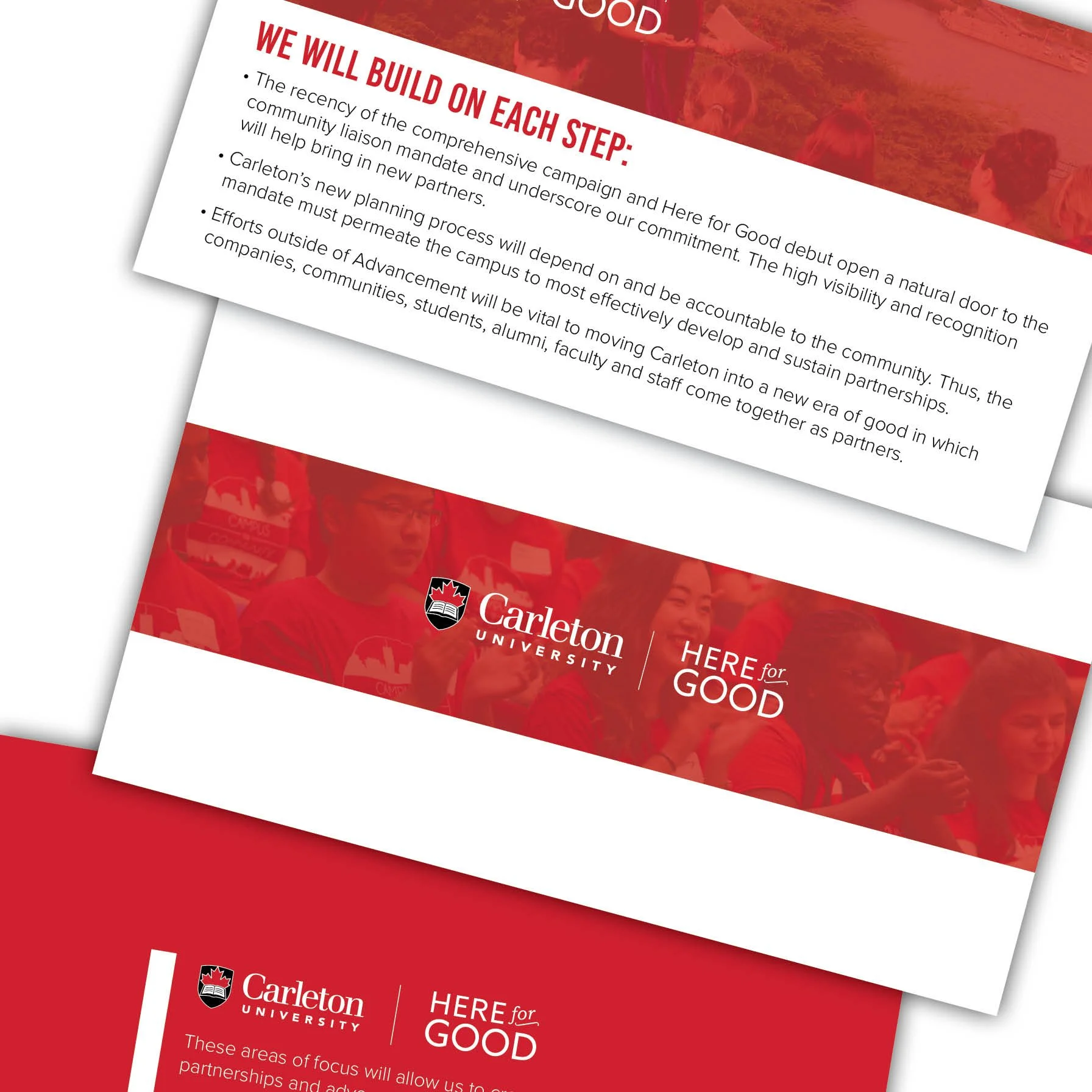 Two overlapping digital flyers from Carleton University, red-themed, displaying text about building on previous steps for community partnerships, with the university's logo at the bottom.