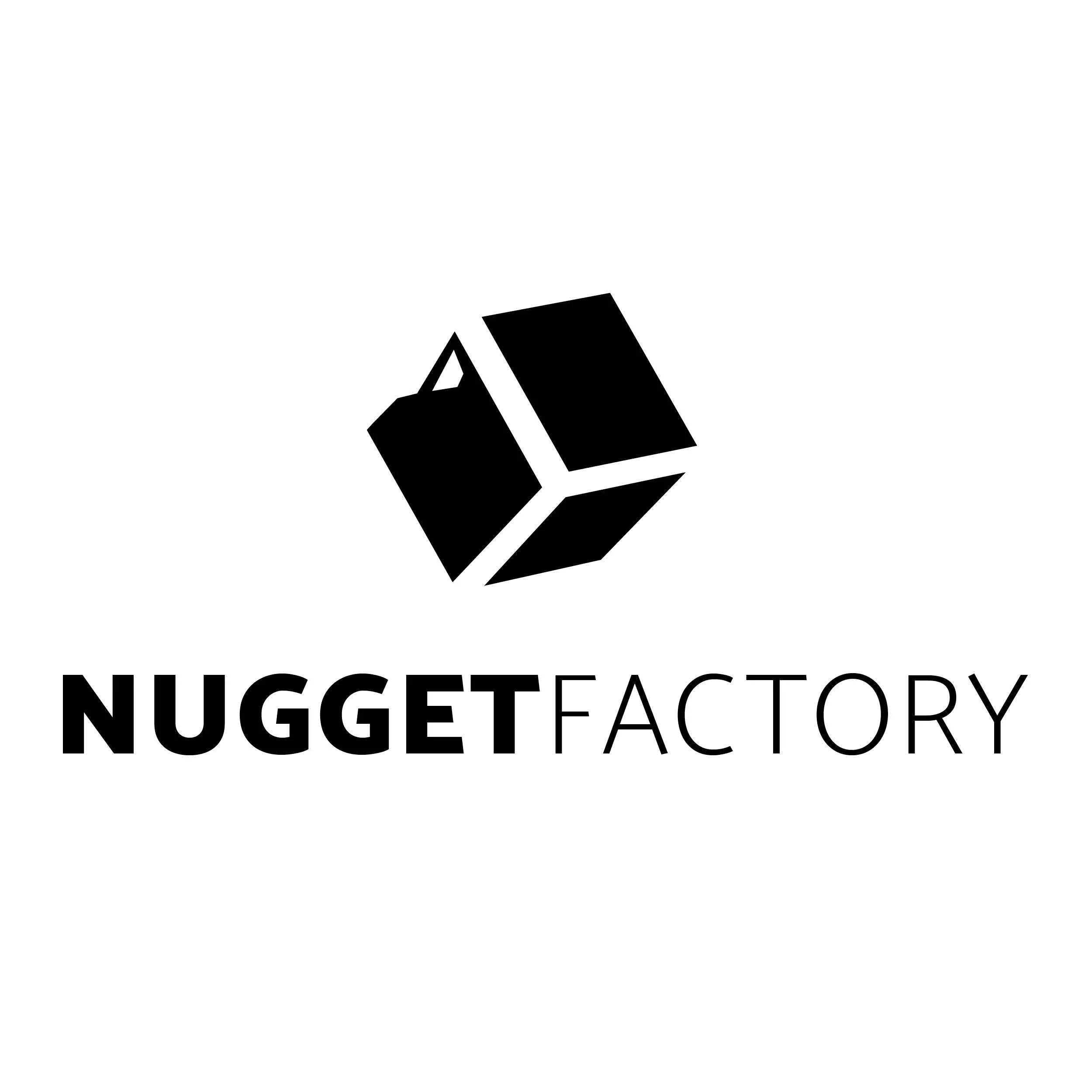 Black and white logo with a stylized coffee cup and the words "NUGGET FACTORY" below it.
