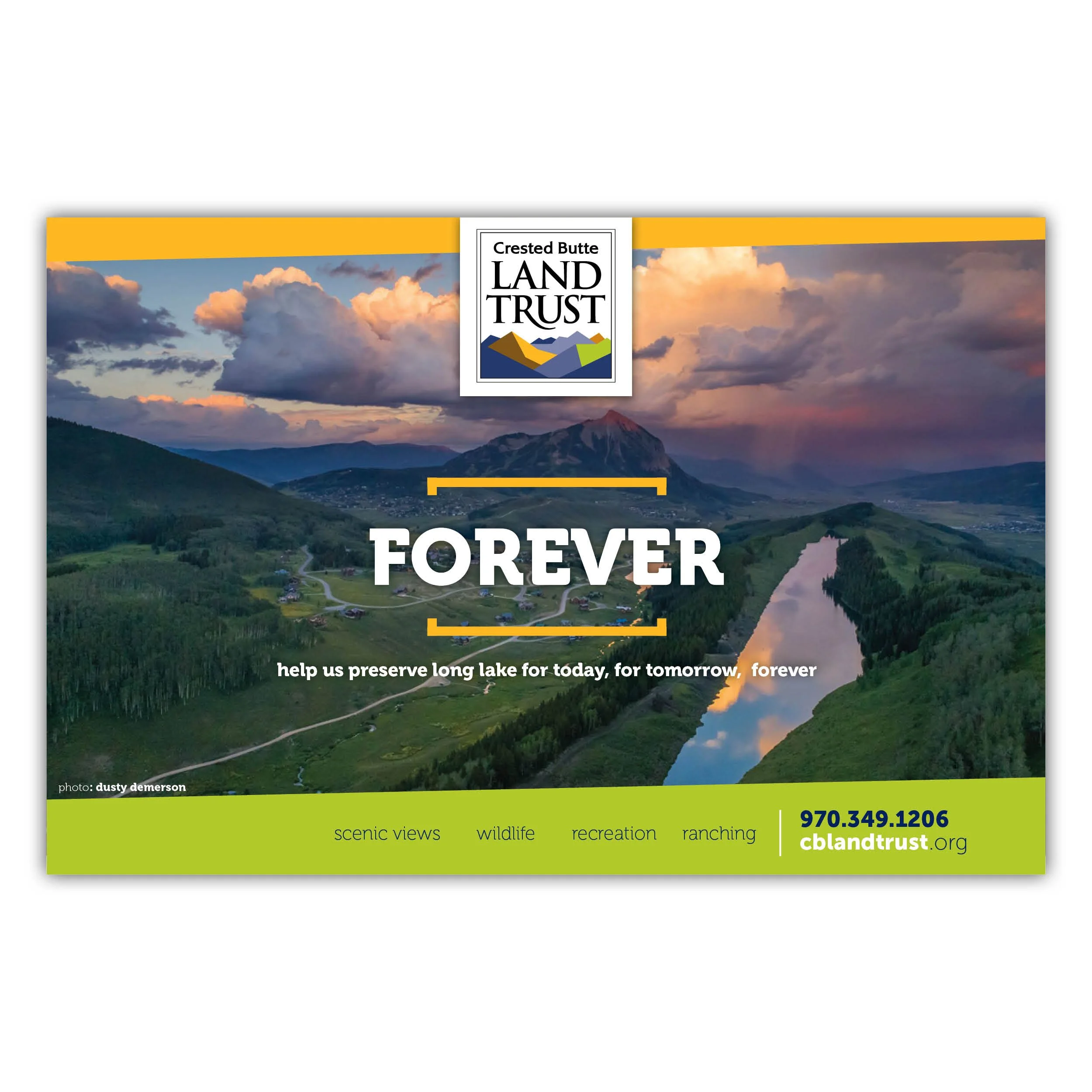 A scenic landscape showing mountains, a lake, and clouds at sunset, with a promotional banner for the Crested Butte Land Trust overlayed.
