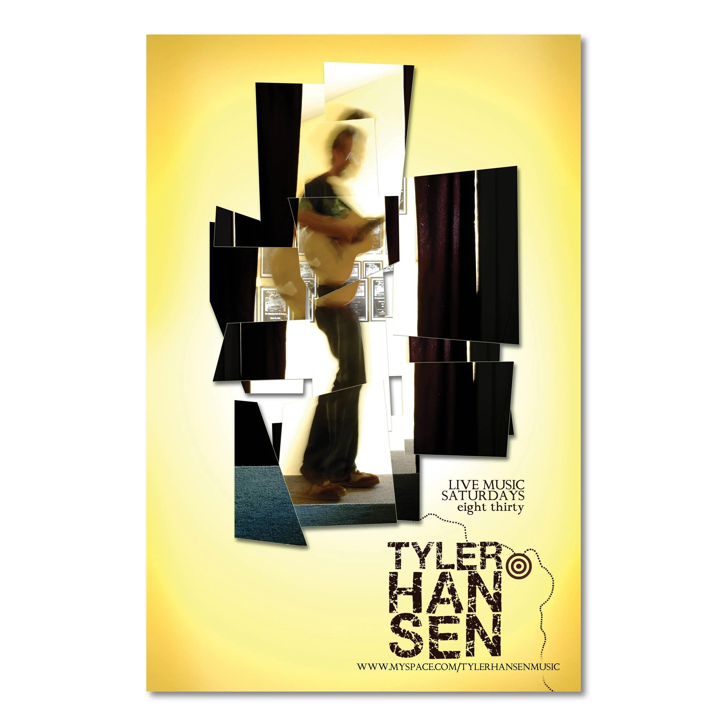 Flyer promoting live music events on Saturdays at 8:30 PM, featuring an abstract collage of reflective black and yellow elements and text with website link.