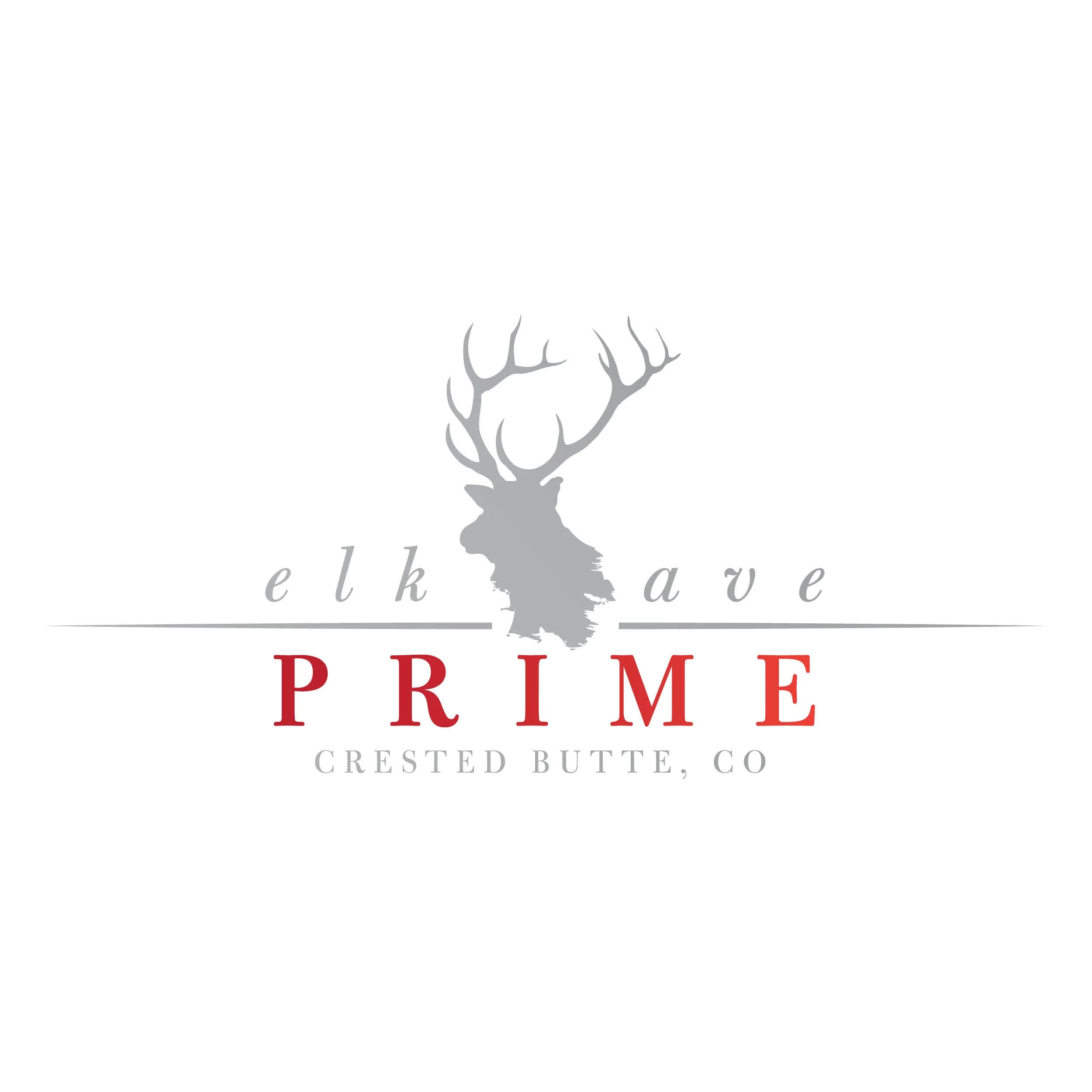 Logo of Elk Avenue Prime featuring a gray stag with antlers, the words 'elk ave' in cursive font, and 'PRIME' in bold red capital letters, with 'CRESTED BUTTE, CO' written below.
