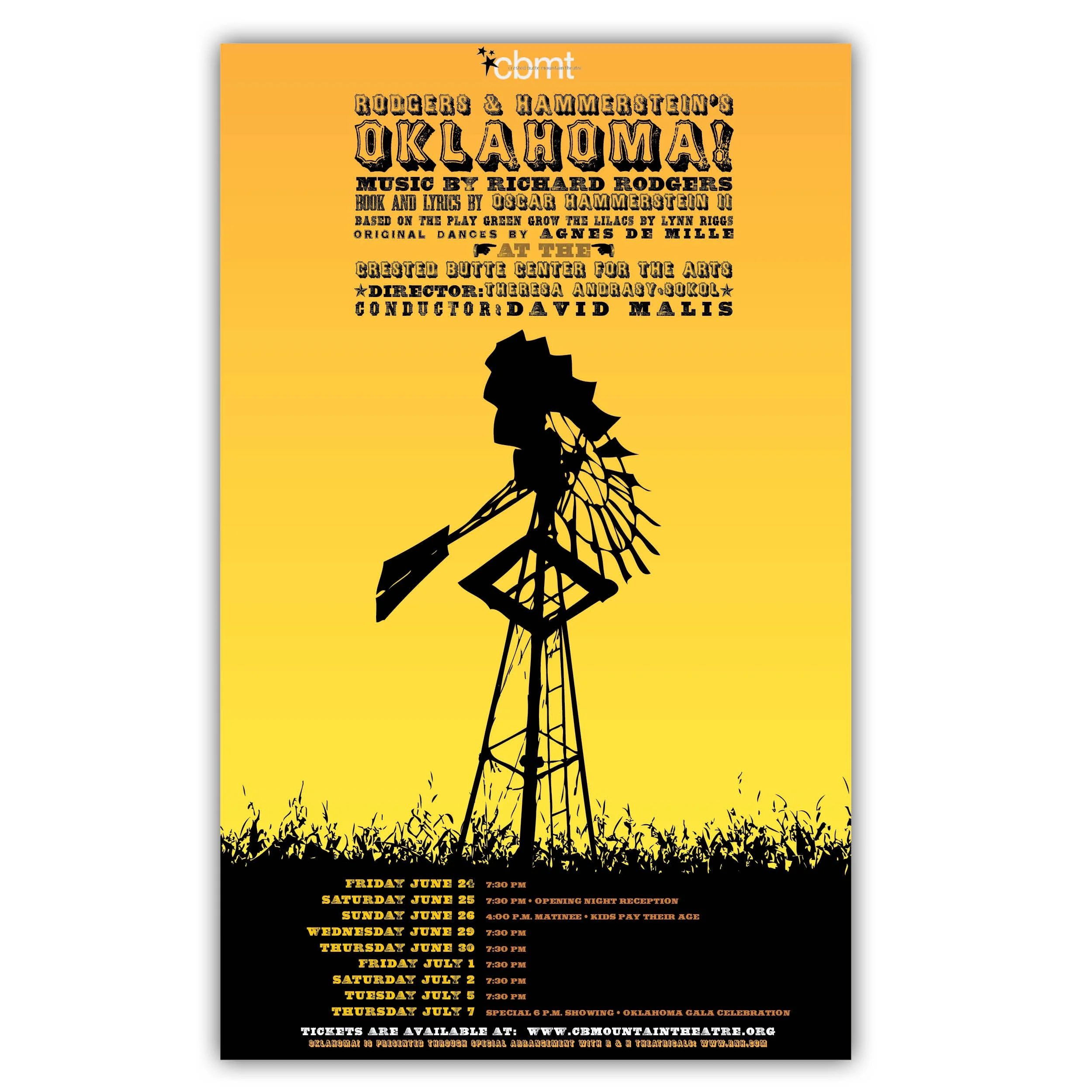 A colorful poster promoting Rodgers and Hammerstein's Oklahoma! musical at the Crested Butte Center for the Arts. It features a black silhouette of a folk dancer on a windmill with a yellow to black gradient background and event dates listed at the b