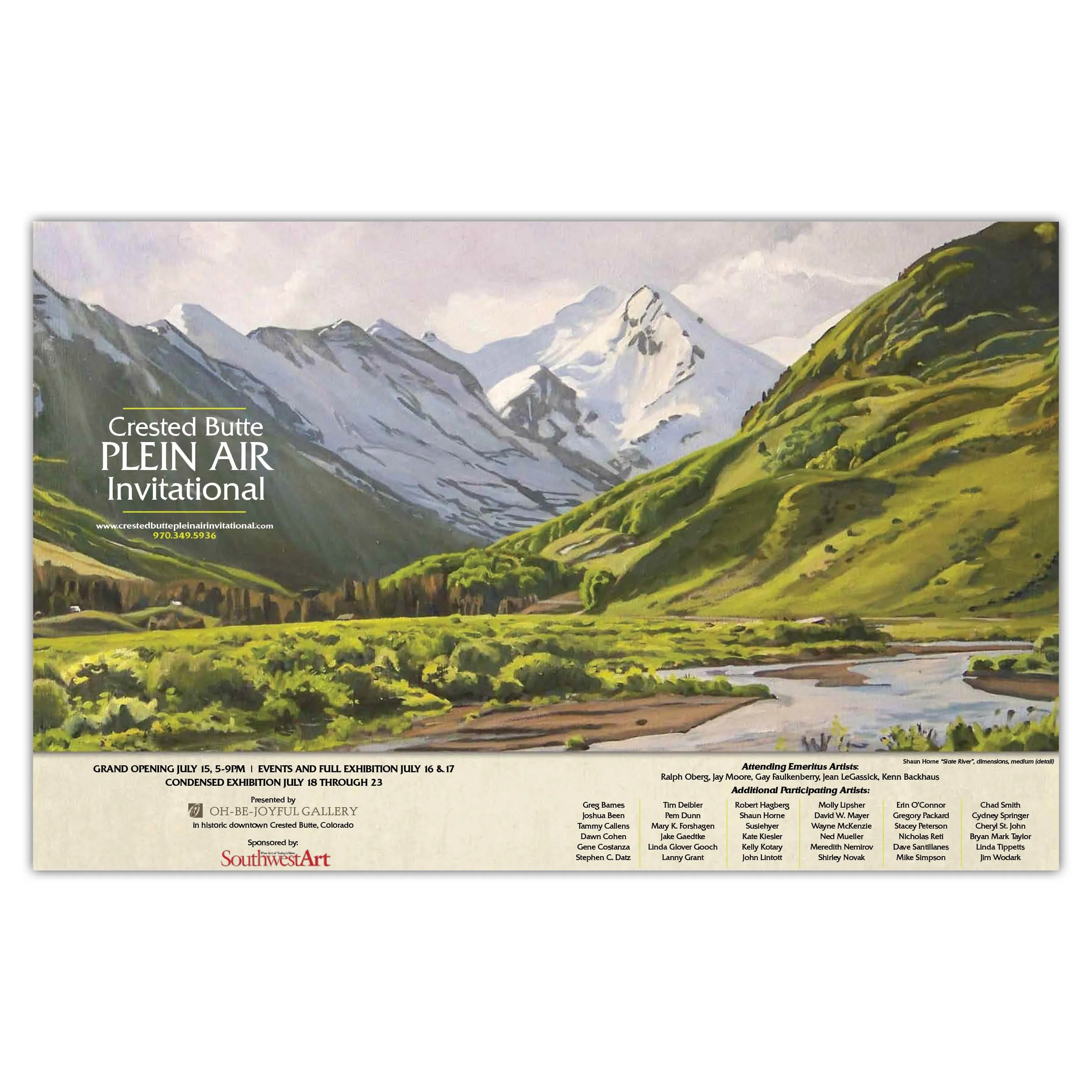 A painting of snow-capped mountains, green hills, and a bright sky, with text advertising the Crested Butte Plein Air Invitational art event in Colorado.