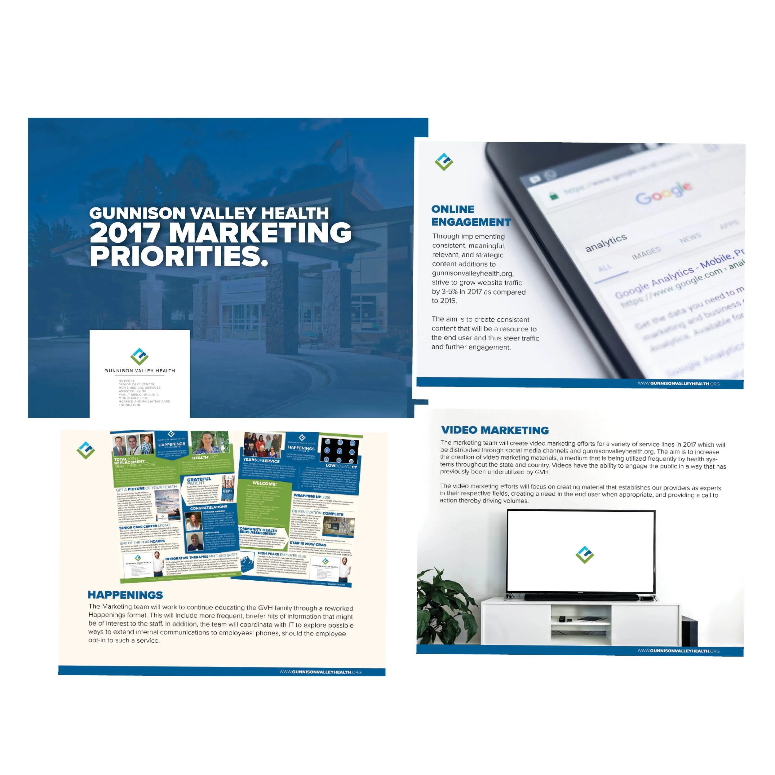 Collection of flyers, posters, and brochures related to Gunnison Valley Health's 2017 marketing priorities, including online engagement, video marketing, community health events, and staff recognition, displayed on a desk with a tablet and a potted p