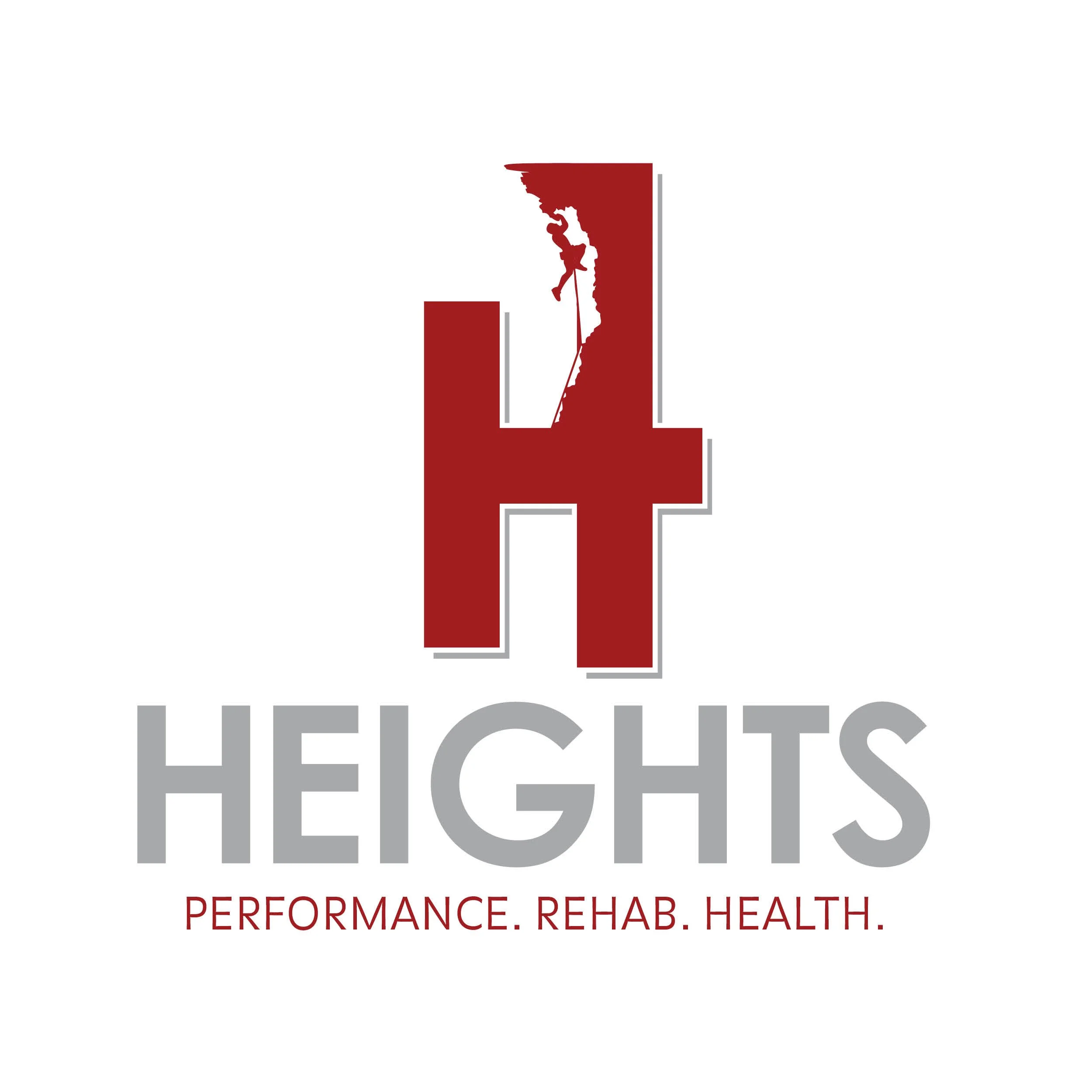 Logo for a health and rehabilitation services company with a stylized figure performing a physical activity, red and gray text emphasizing performance, rehab, and health.